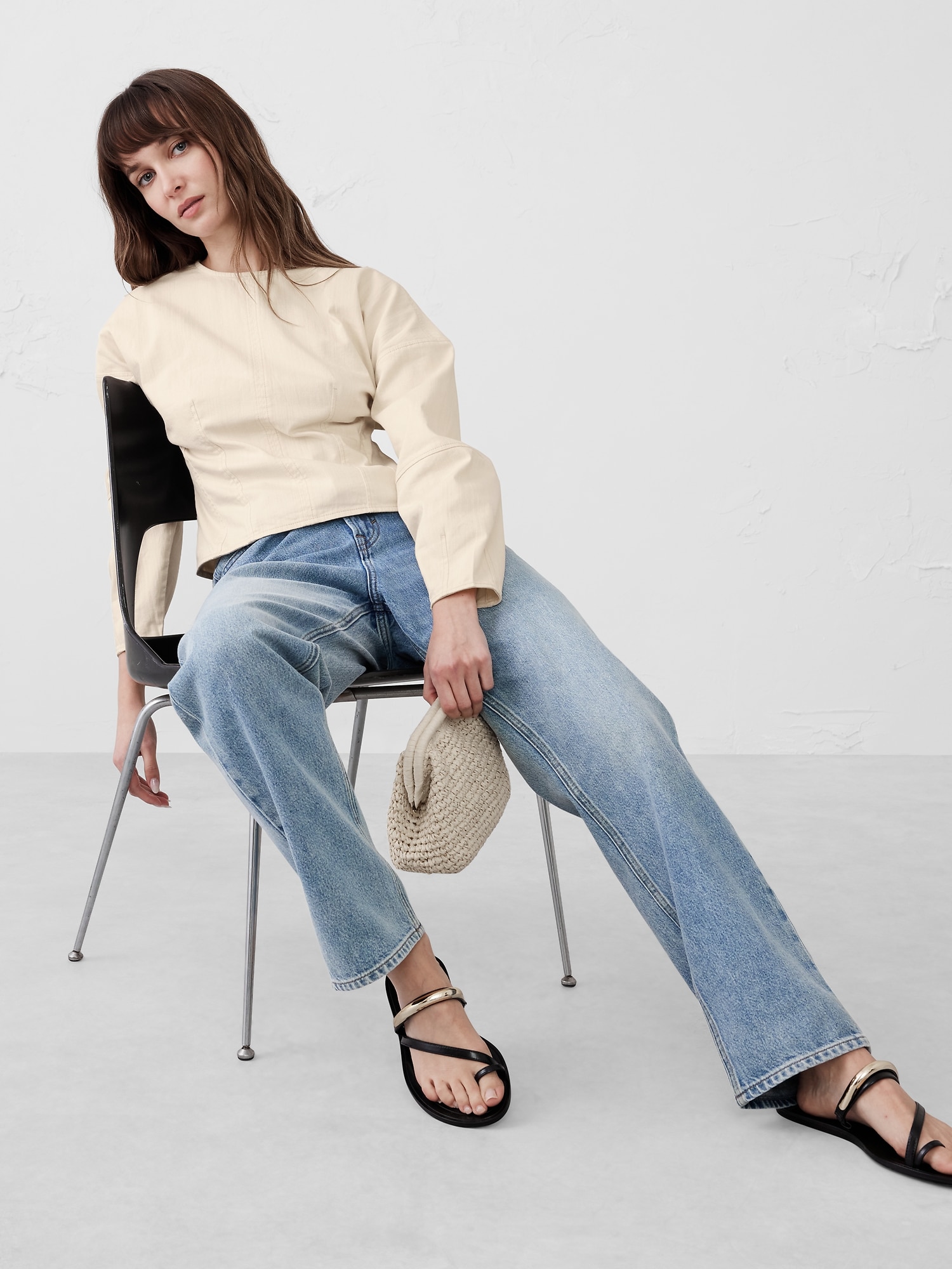 Rounded-Sleeve Denim Top