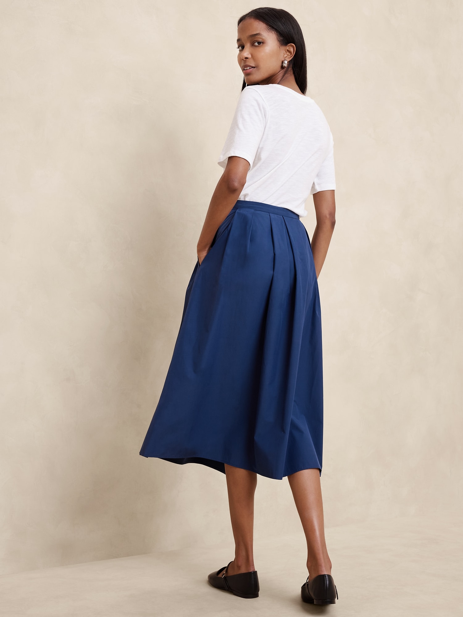 Pintuck Taffeta Midi Skirt