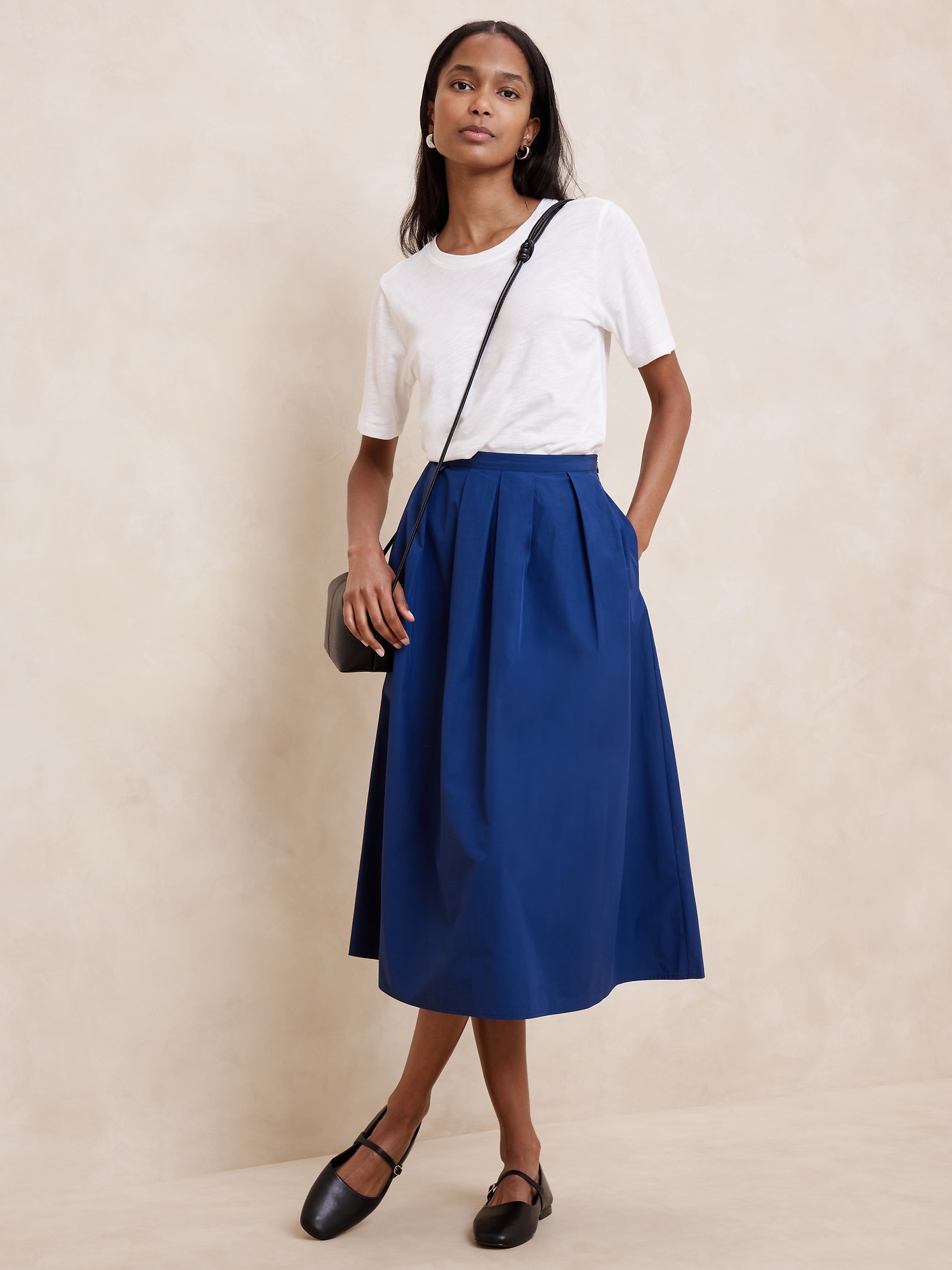 Pintuck Taffeta Midi Skirt