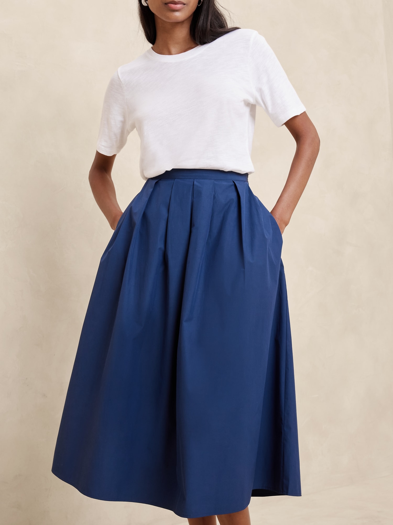 Pintuck Taffeta Midi Skirt