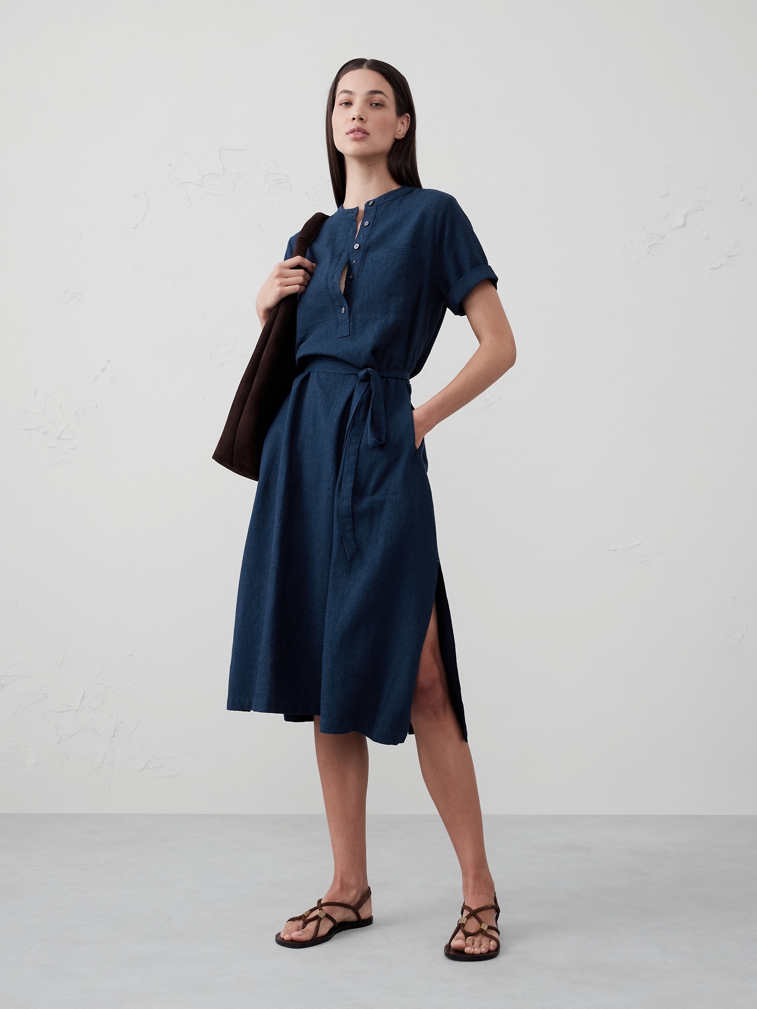 Linen-Blend Utility Midi Shift Dress