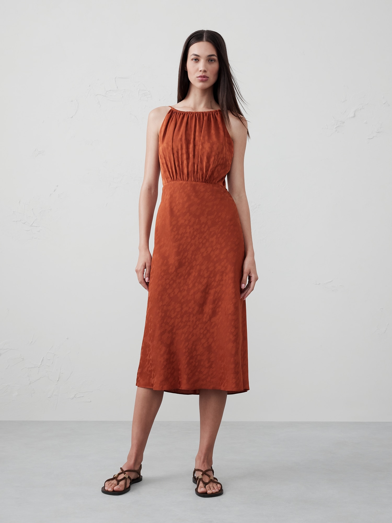 High-Neck Jacquard Midi Dress