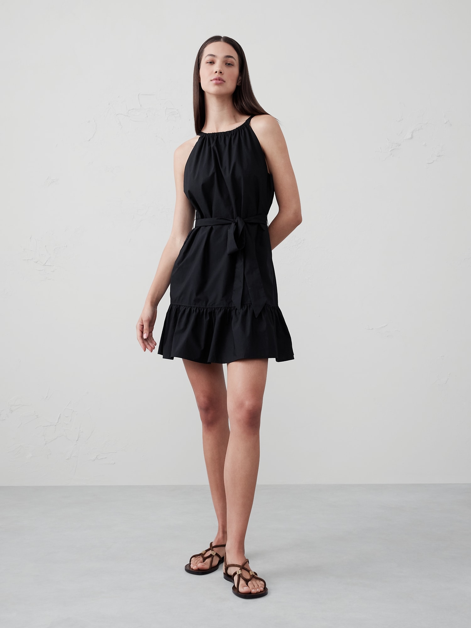 Poplin Tiered Mini Dress - Black