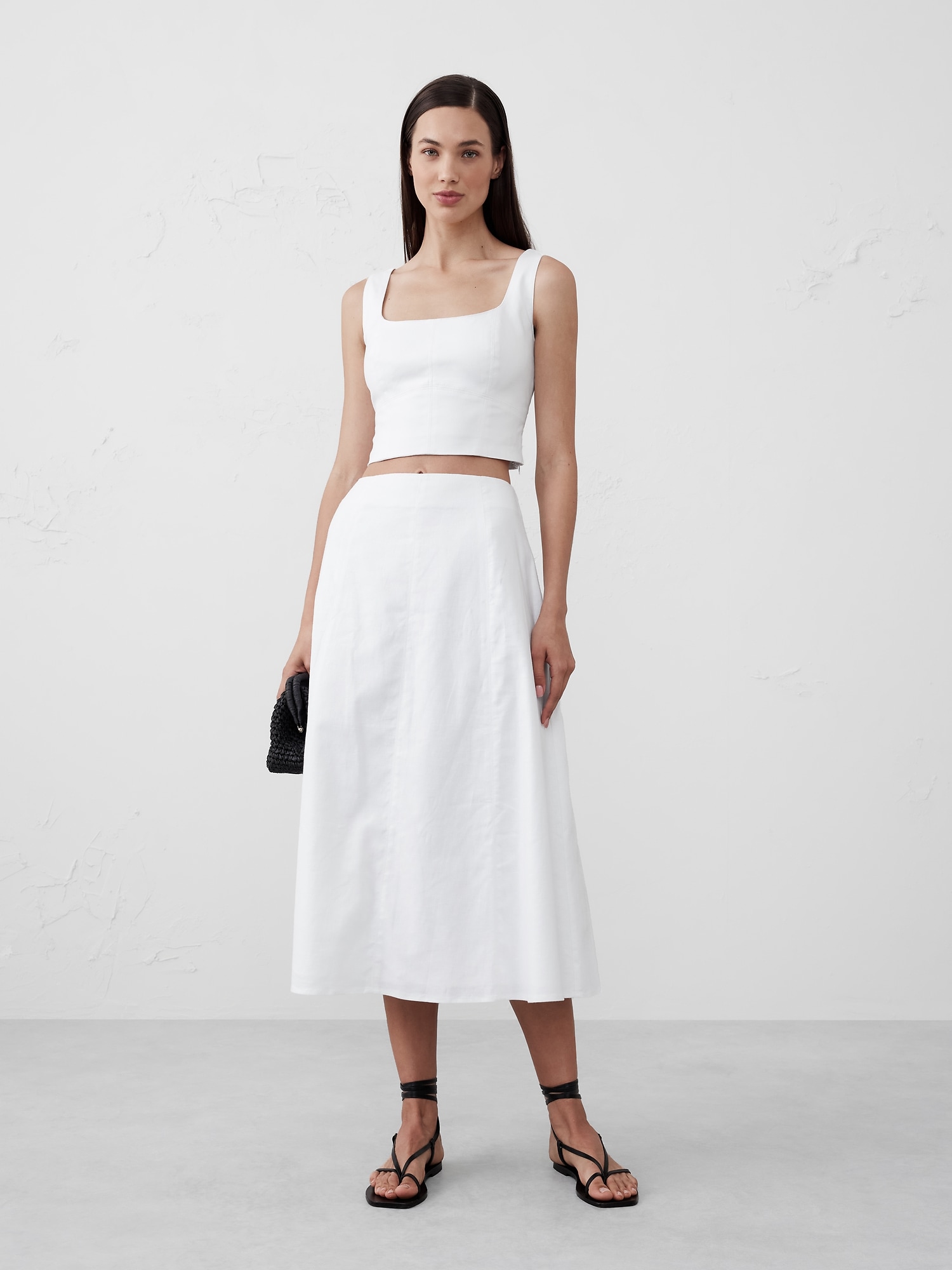 Linen-Blend Seamed Midi Skirt