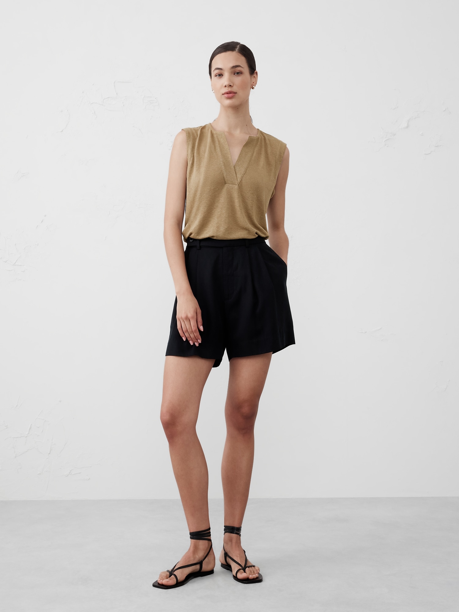 Linen-Blend Split-Neck Tank