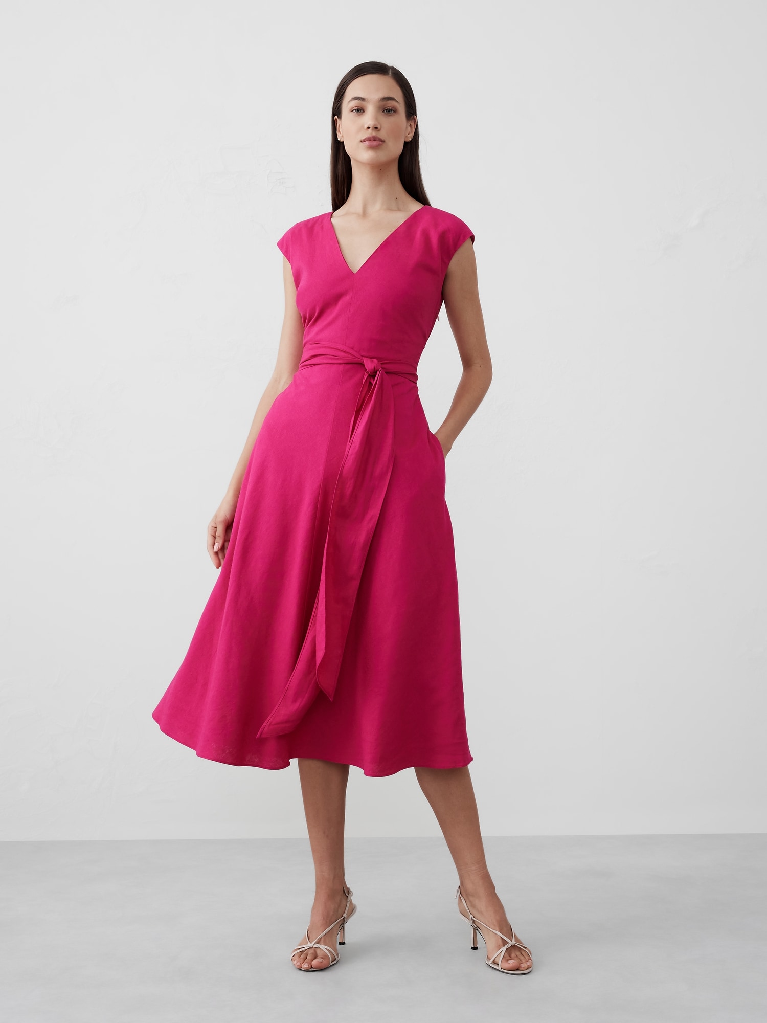 Linen-Blend Wrap Midi Dress - Pink