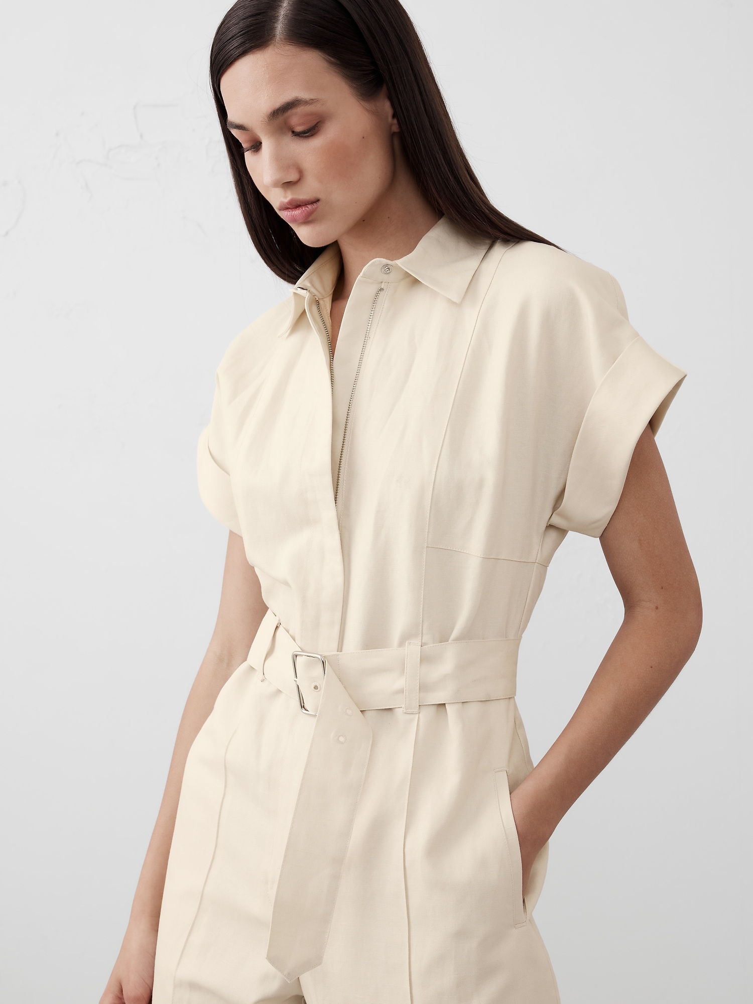 Linen-Blend Belted Jumpsuit