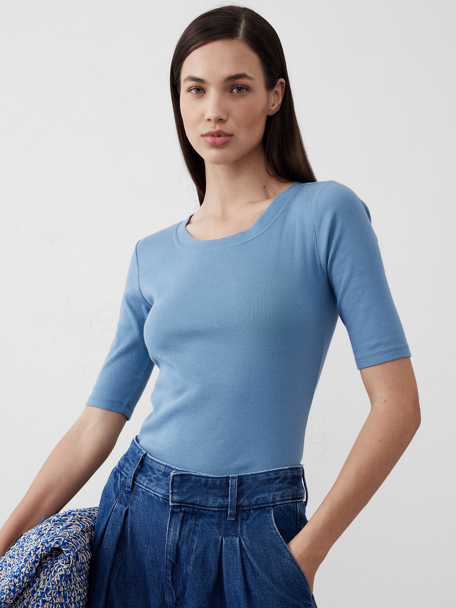 Ribbed Elbow-Sleeve T-Shirt