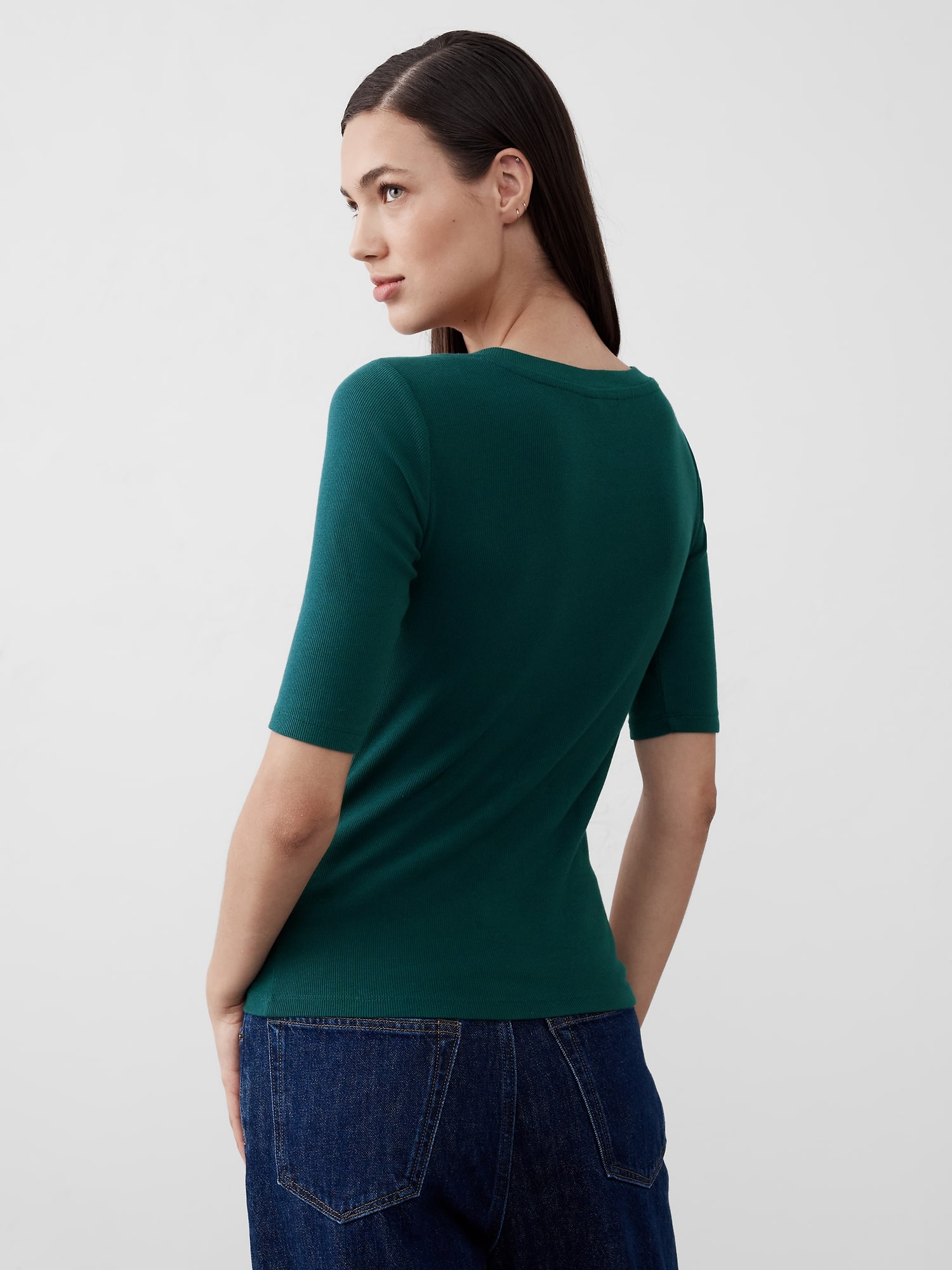 Ribbed Elbow-Sleeve T-Shirt