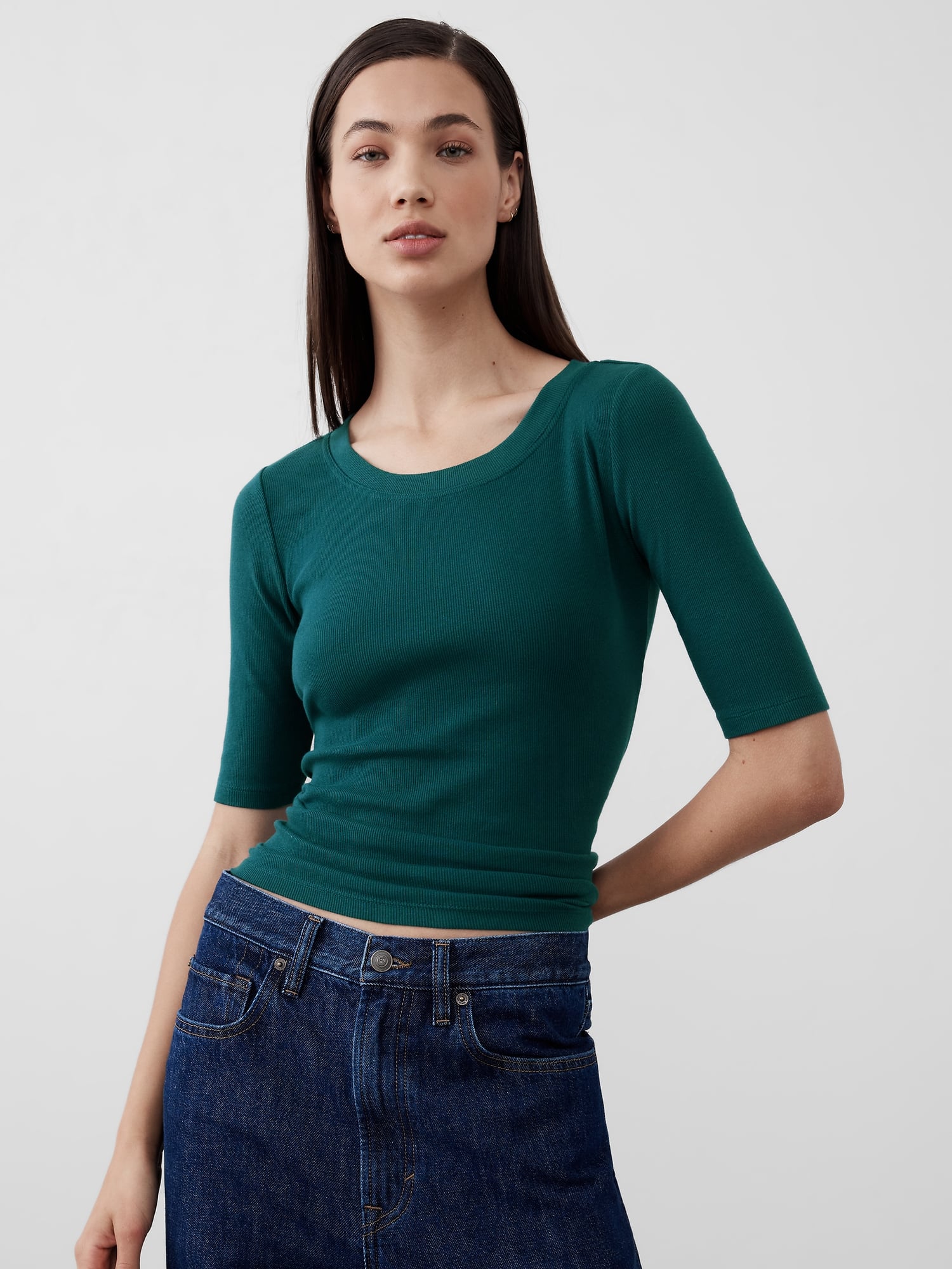 Ribbed Elbow-Sleeve T-Shirt