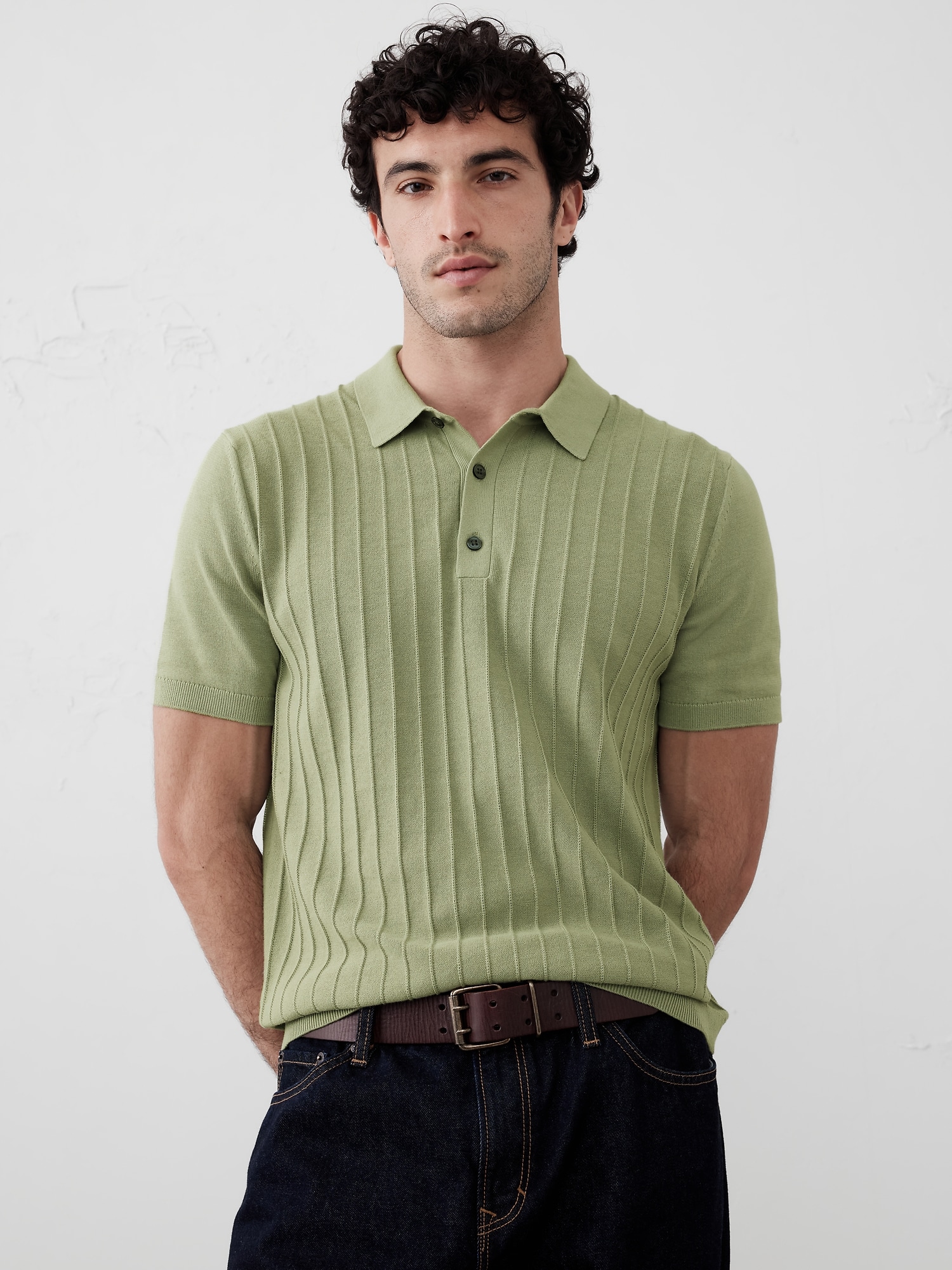 Wide Ribbed Polo Sweater - Green