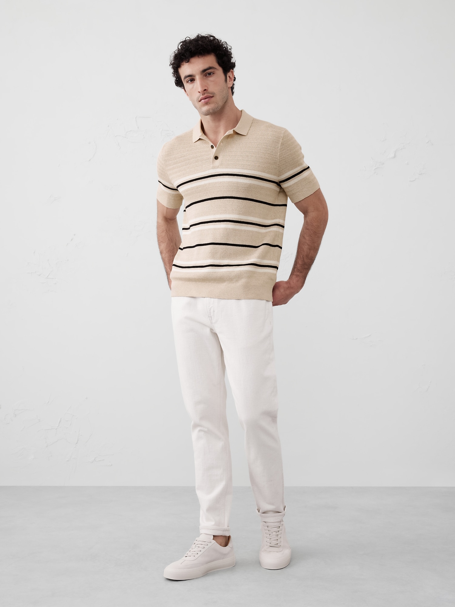 Textured Striped Sweater Polo - Beige