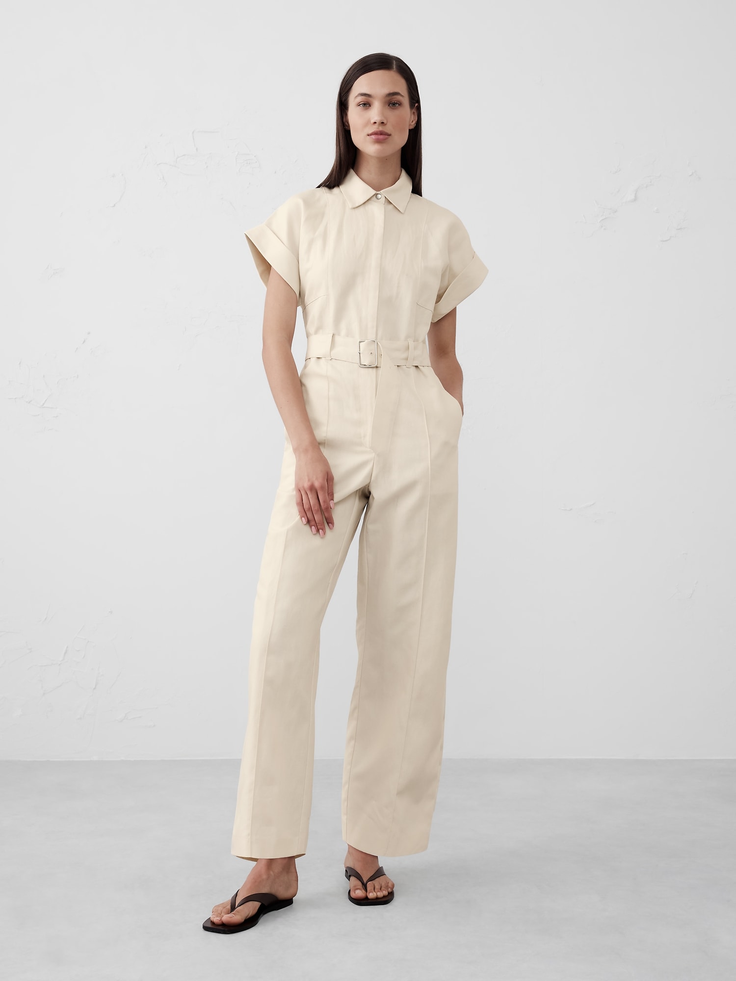 Linen-Blend Belted Jumpsuit