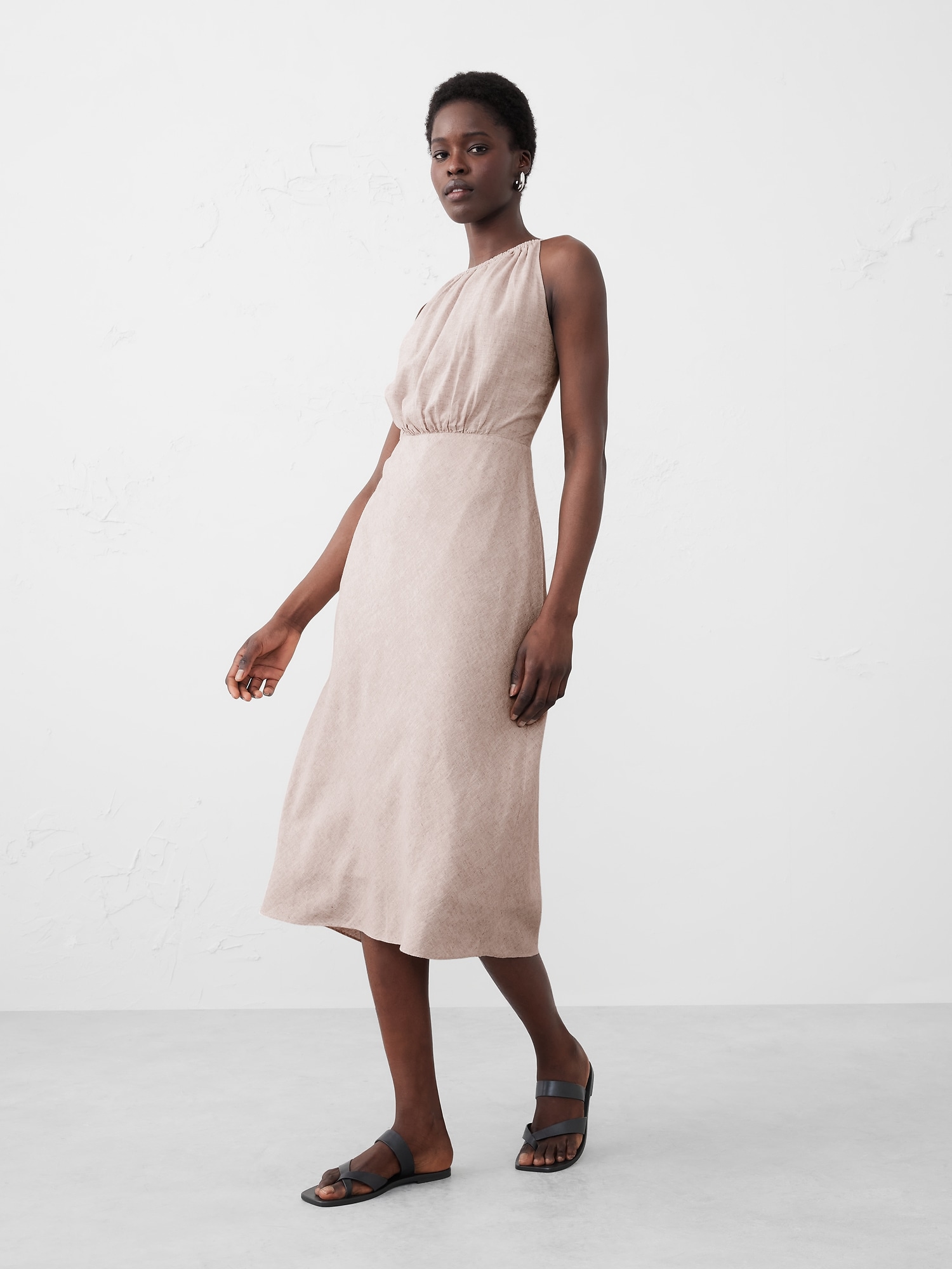 Linen-Blend High-Neck Midi Dress