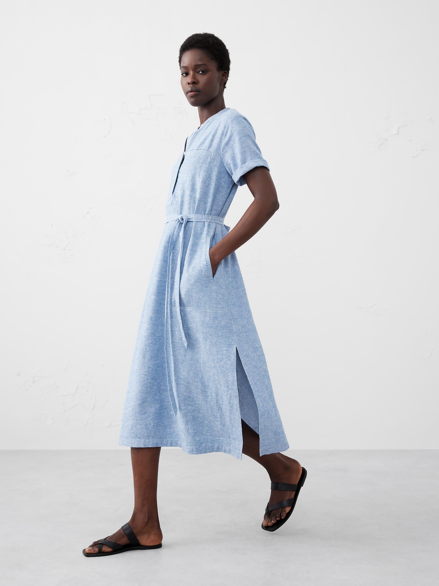 Linen-Blend Utility Midi Shift Dress