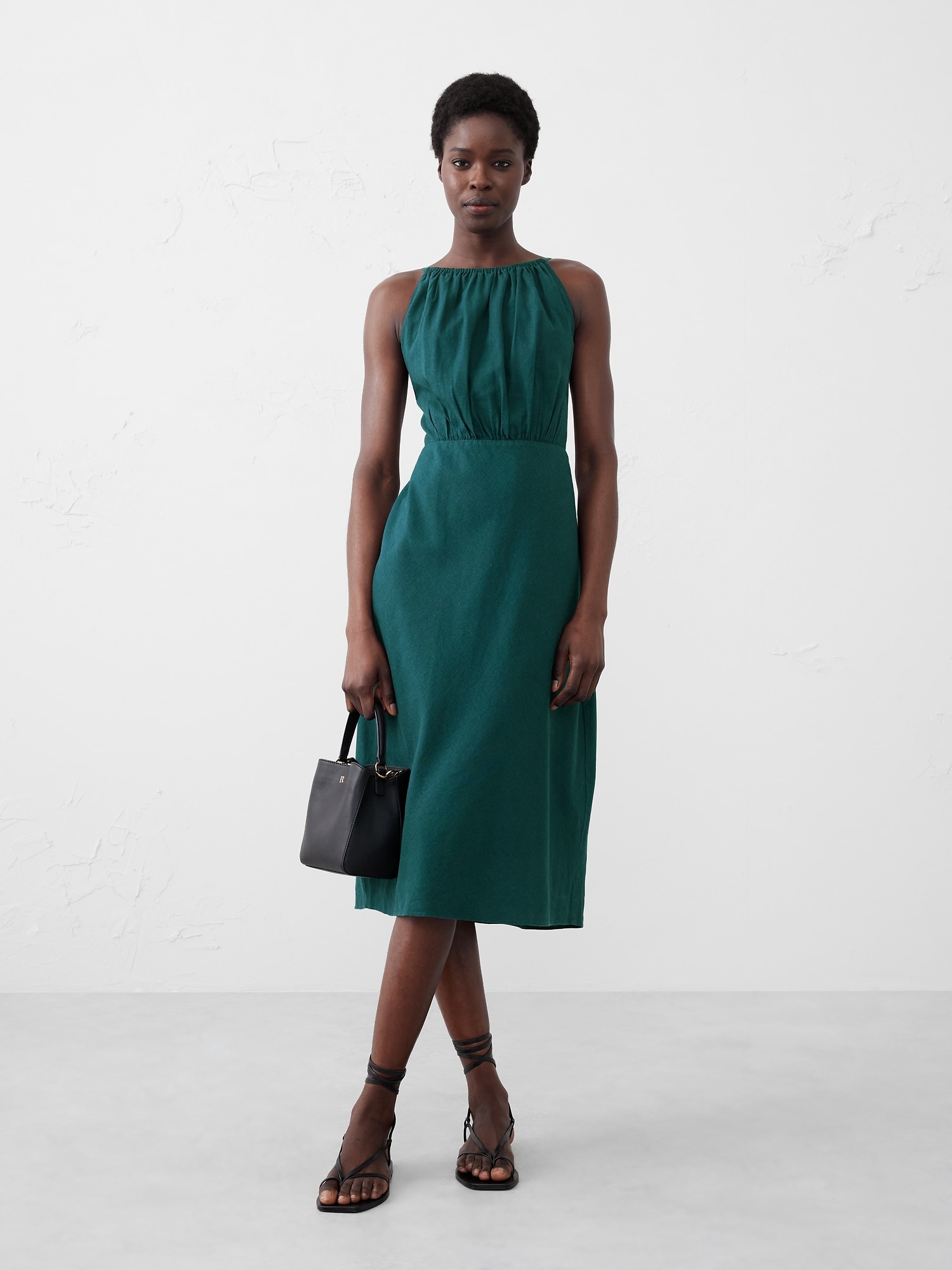 Linen-Blend High-Neck Midi Dress - Green