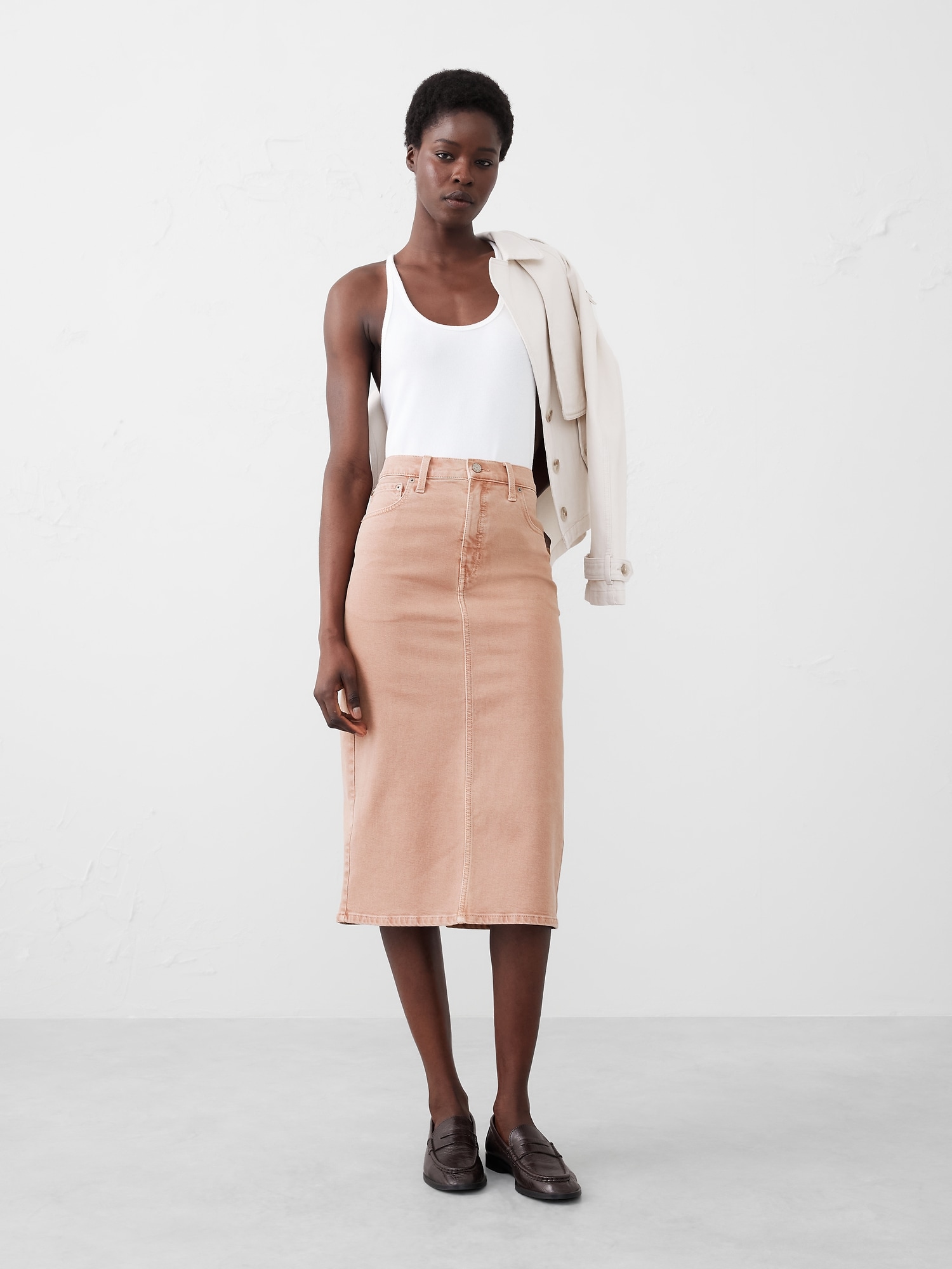 Denim Midi Pencil Skirt - Pink