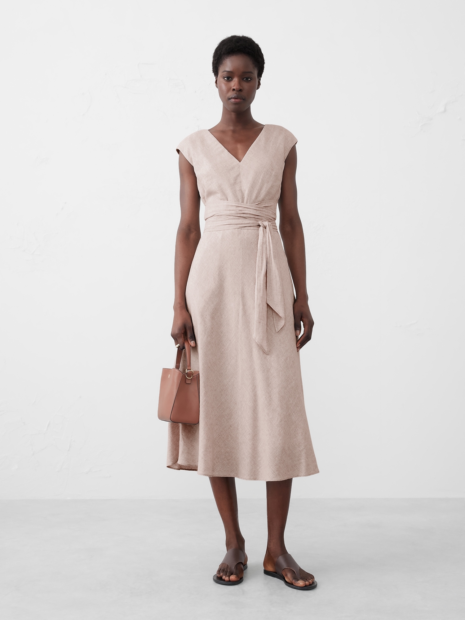 Linen-Blend Wrap Midi Dress