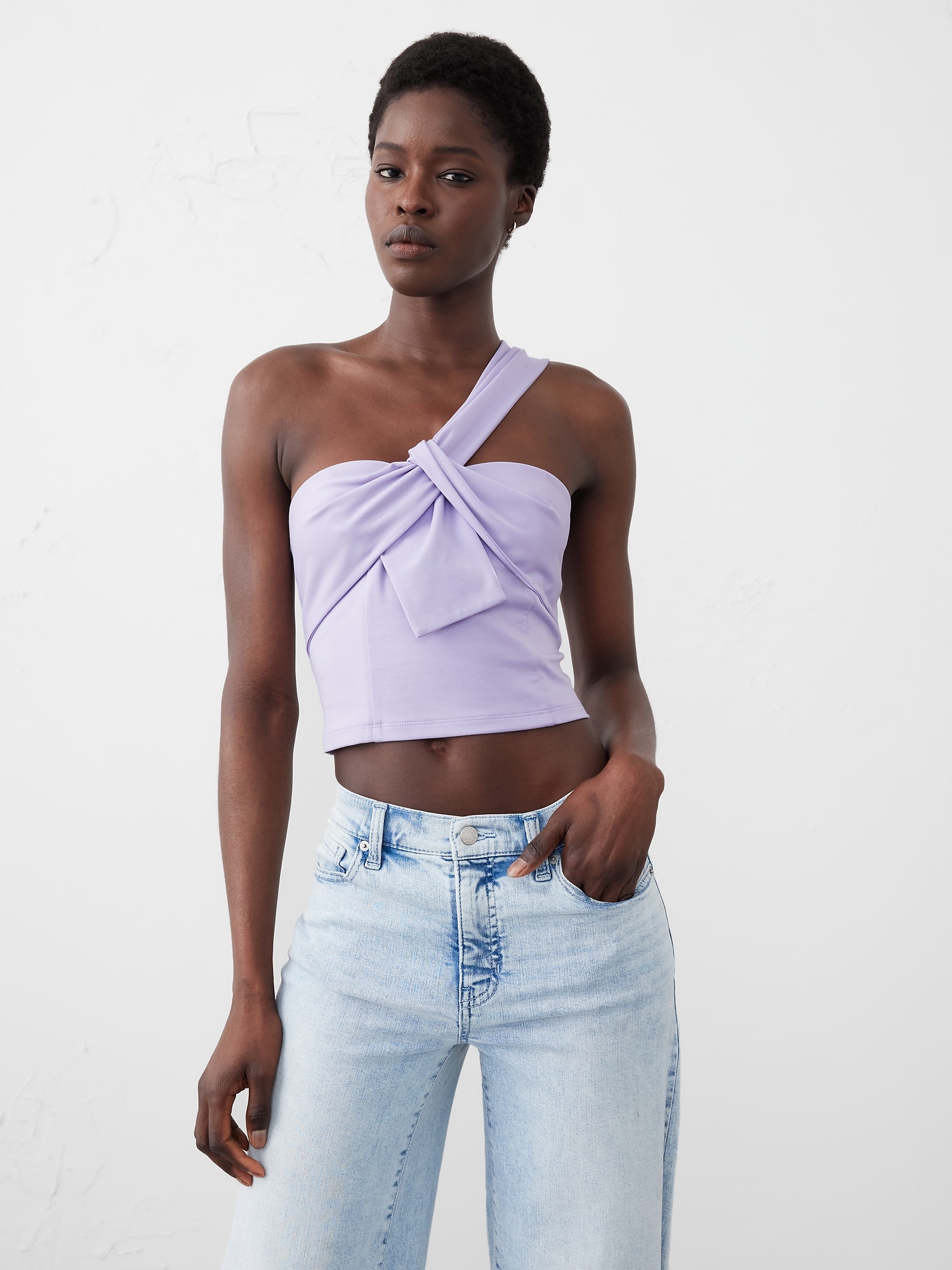 Knotted One-Shoulder Cropped Bustier