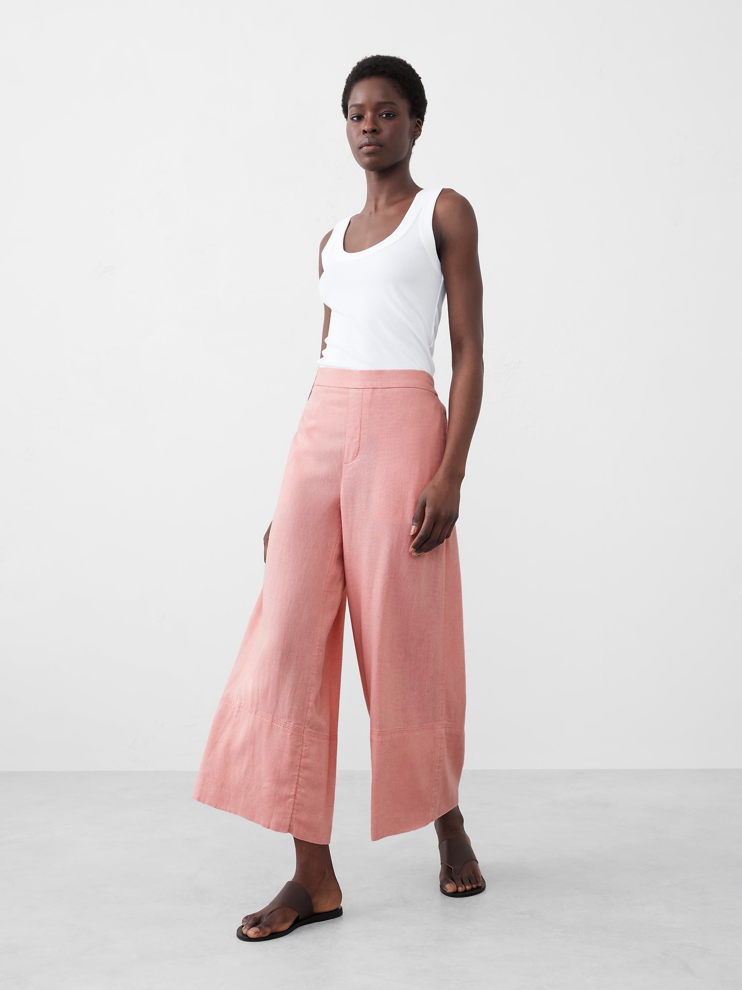 Linen-Blend Wide-Leg Cropped Pull-On Pant