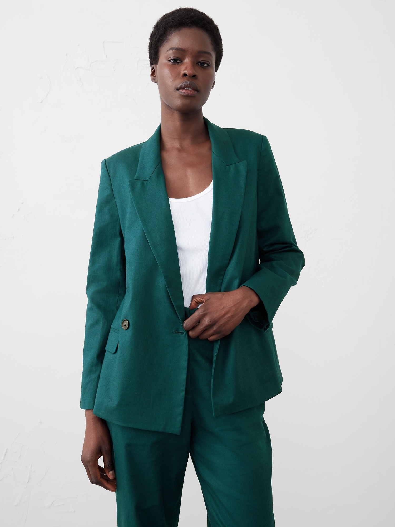 Linen-Blend Boyfriend Blazer - Green