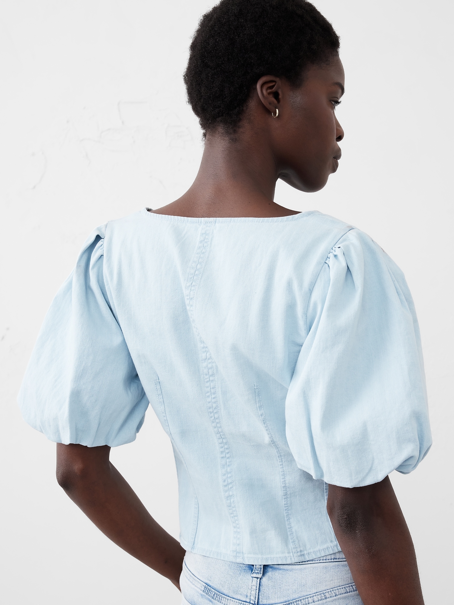 Bubble-Sleeve Seamed Poplin Top