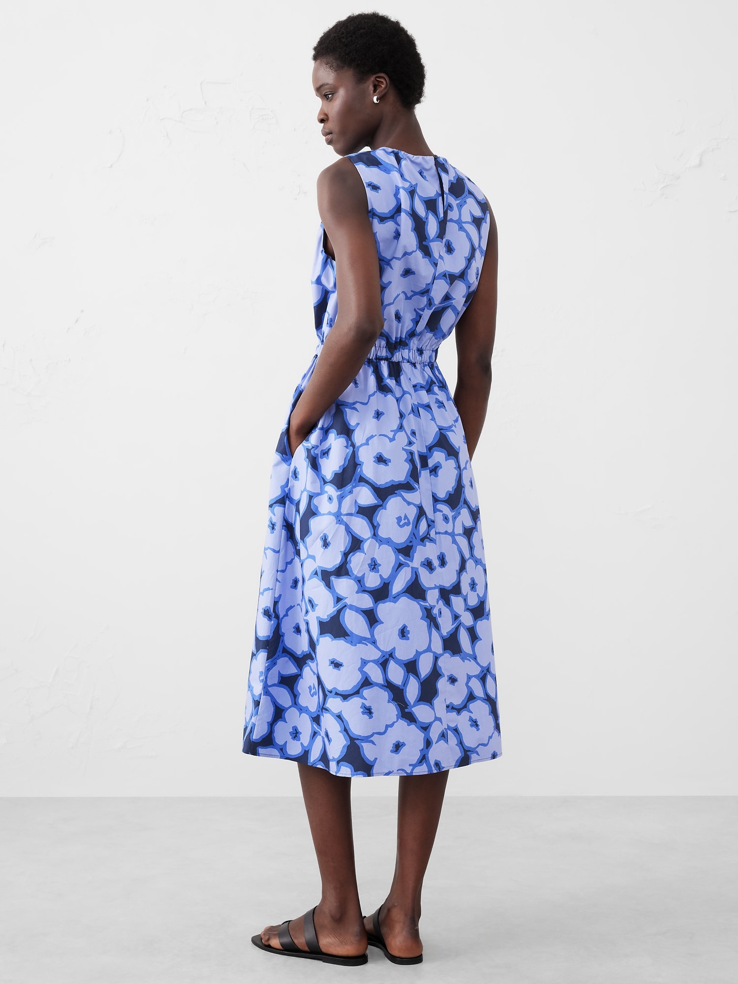 Gathered Elastic-Waist Midi Dress