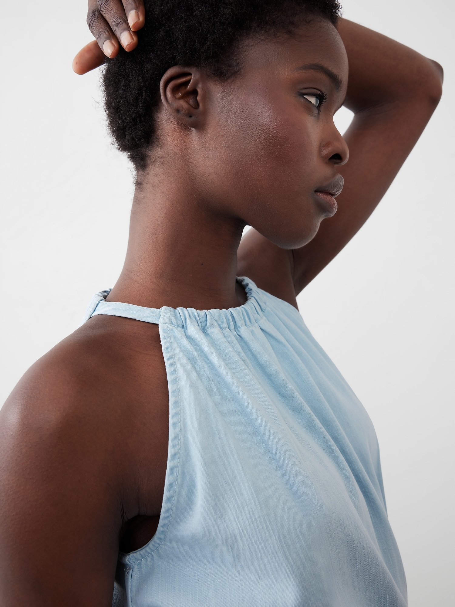 Chambray Tiered Mini Dress