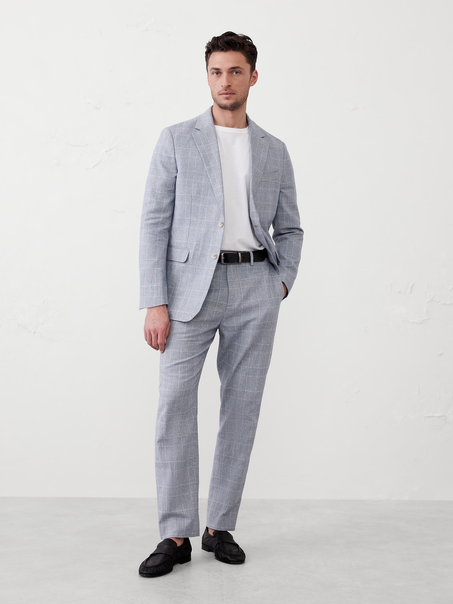 Tailored-Fit Linen-Blend Blue Glen Plaid  Suit Trouser