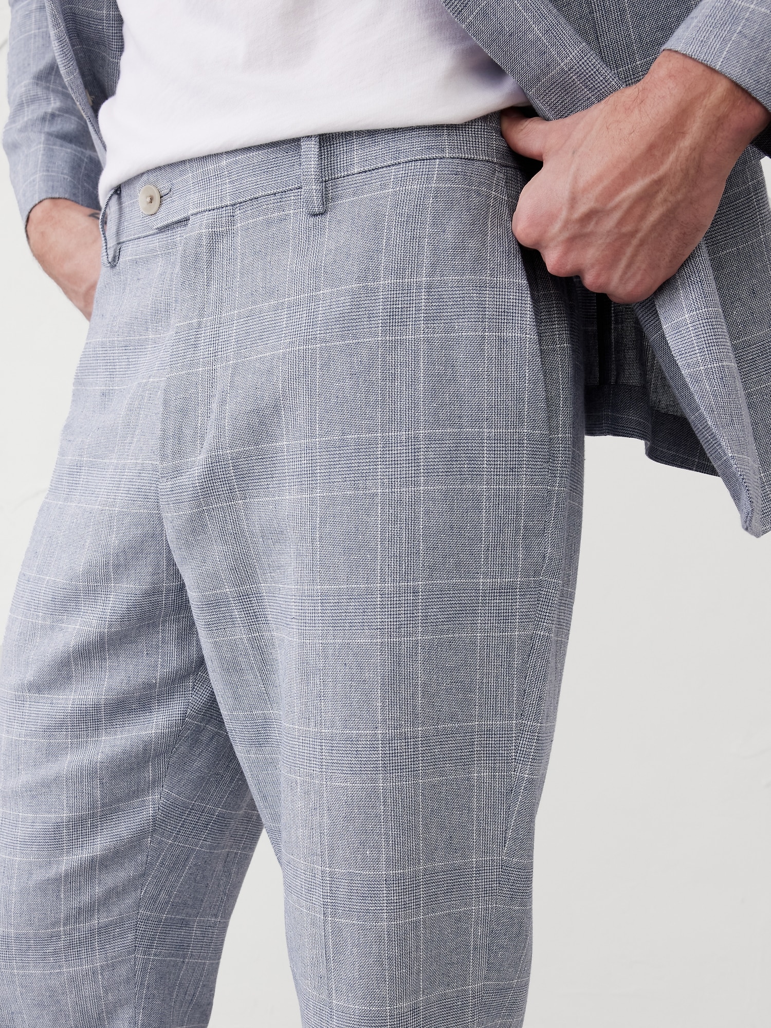 Tailored-Fit Linen-Blend Blue Glen Plaid  Suit Trouser