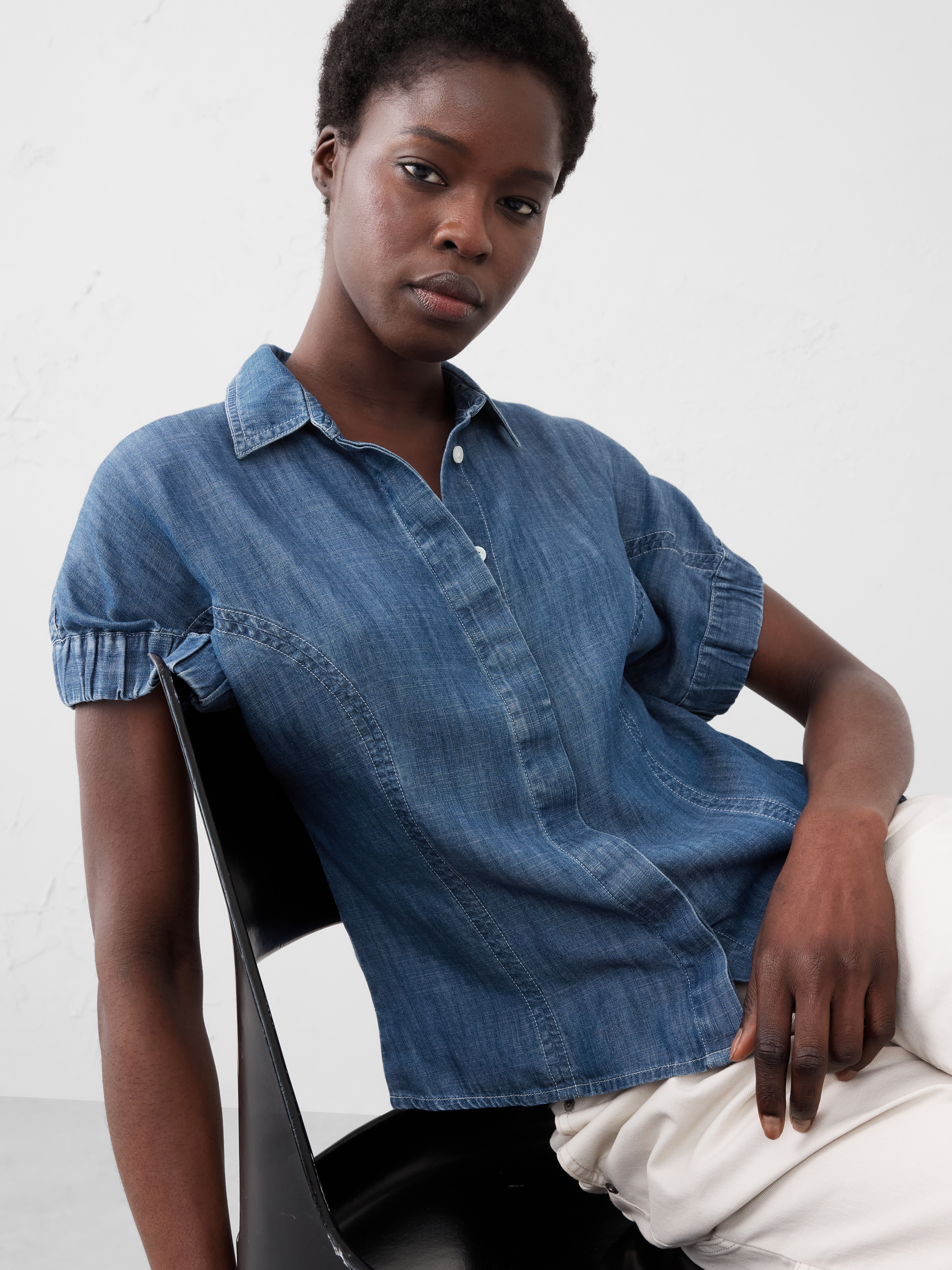 トップス WASHED CHAMBRAY POPLIN SKIPPER SHIRT Style & Co Cotton Popover Shirt Lt Chambray XS at Amazon