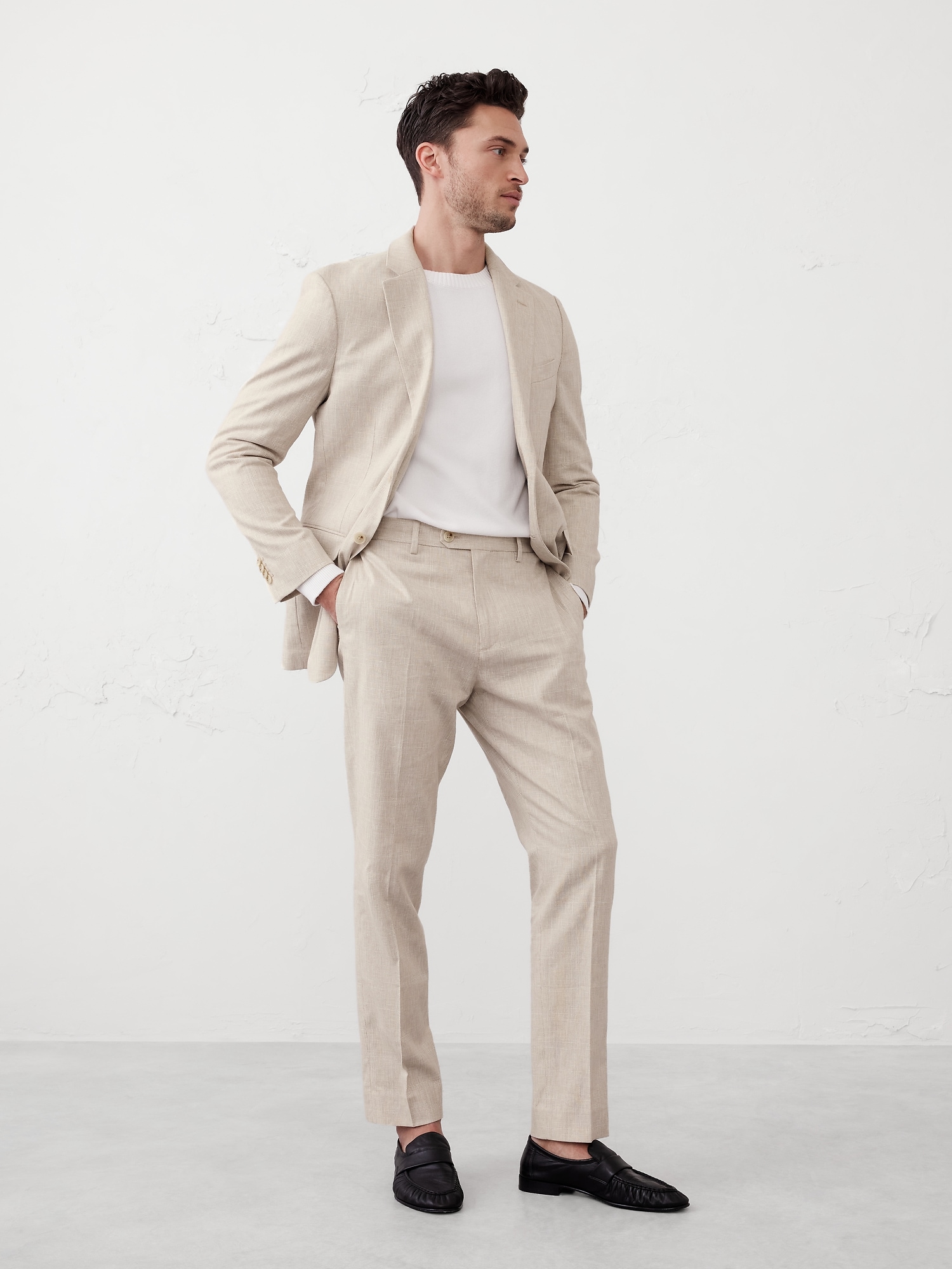 Tailored-Fit Linen-Blend Stone Glen Plaid Suit Trouser