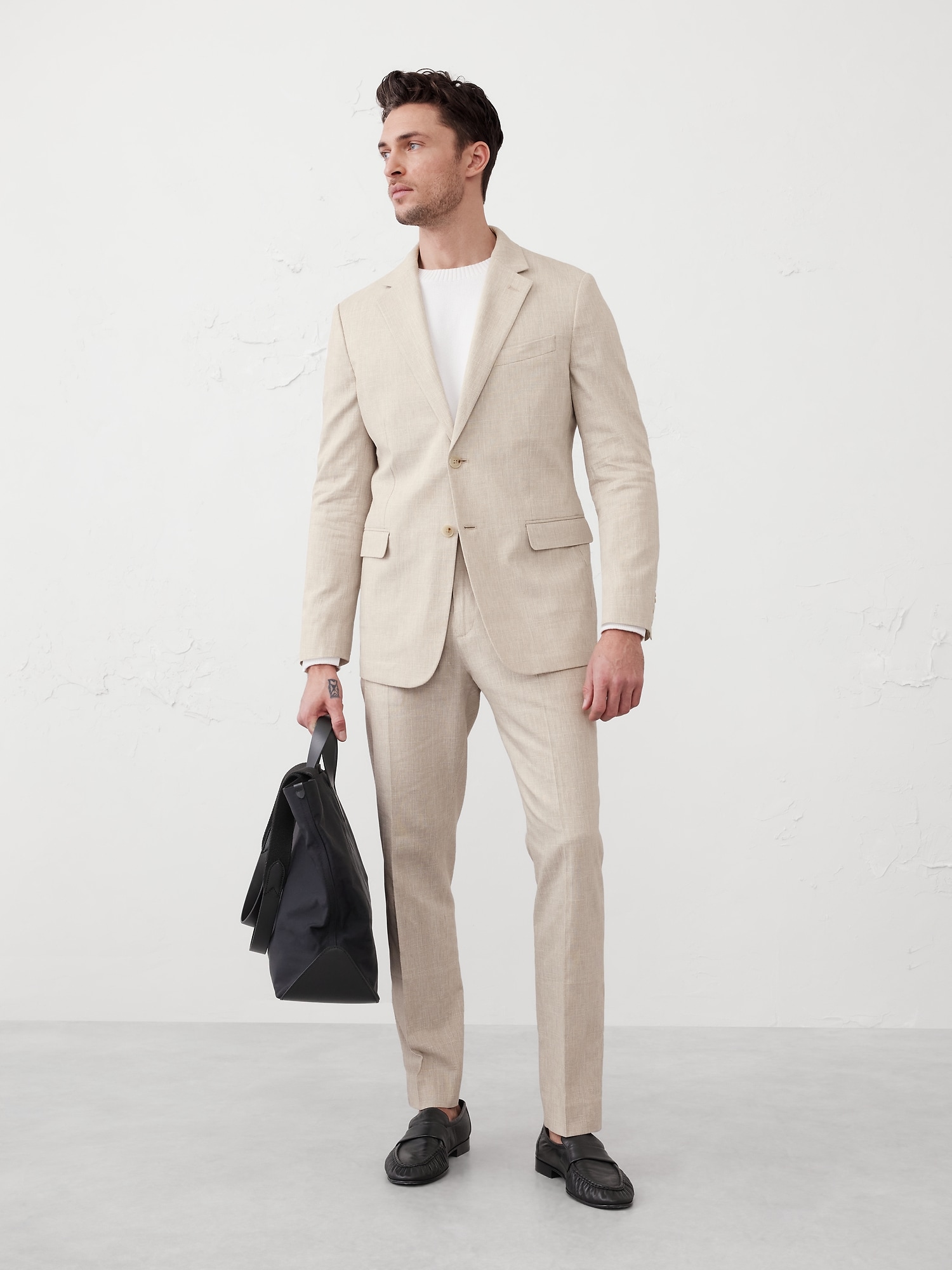 Tailored-Fit Linen-Blend Stone Glen Plaid Suit Jacket