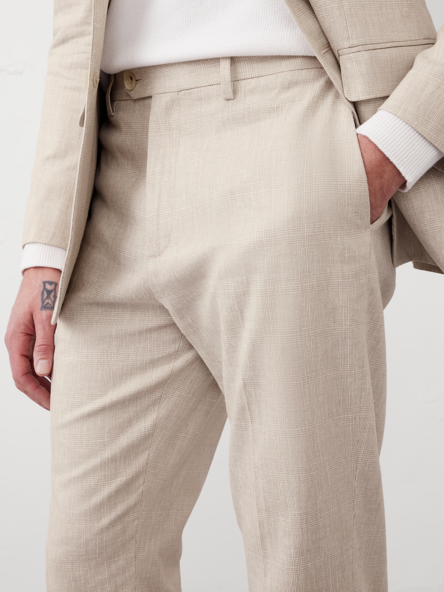 Tailored-Fit Linen-Blend Stone Glen Plaid Suit Trouser