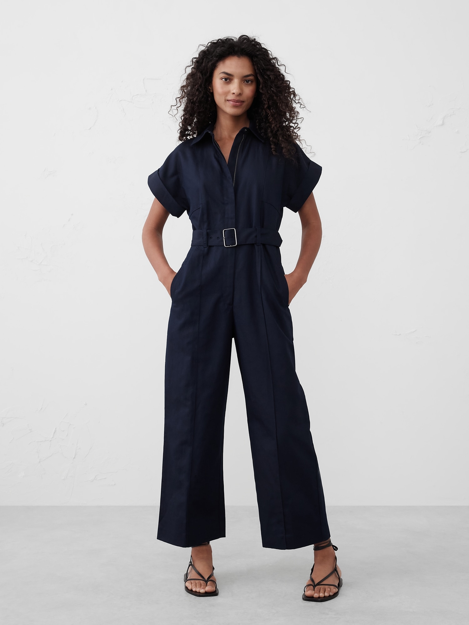 Linen-Blend Belted Jumpsuit