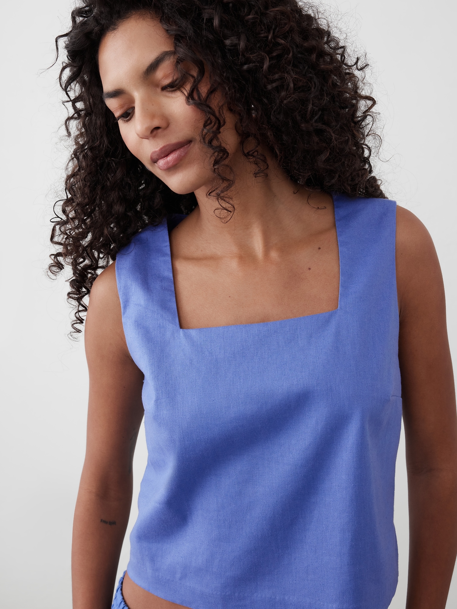 Linen-Blend Square-Neck Top