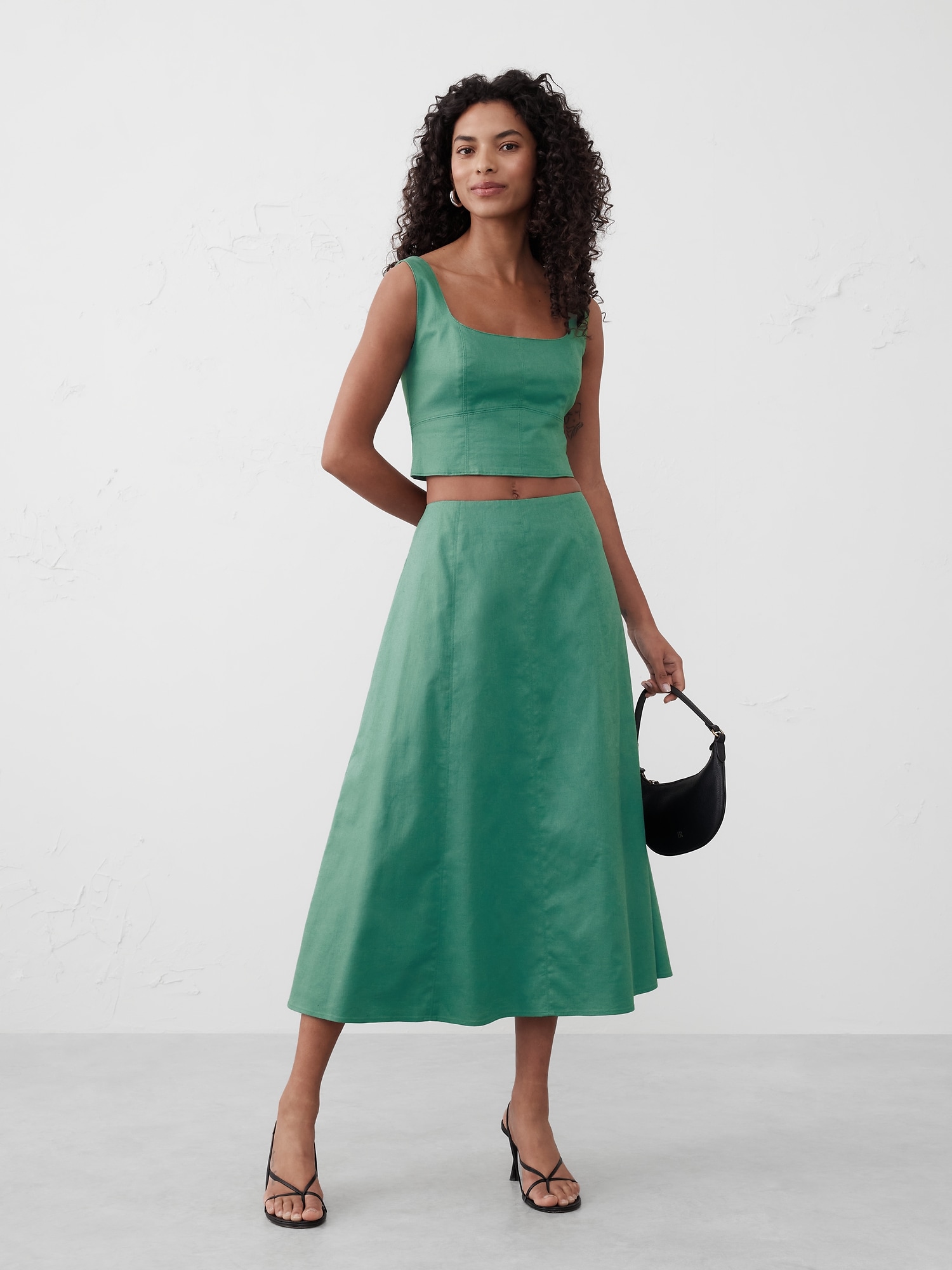 Linen-Blend Seamed Midi Skirt