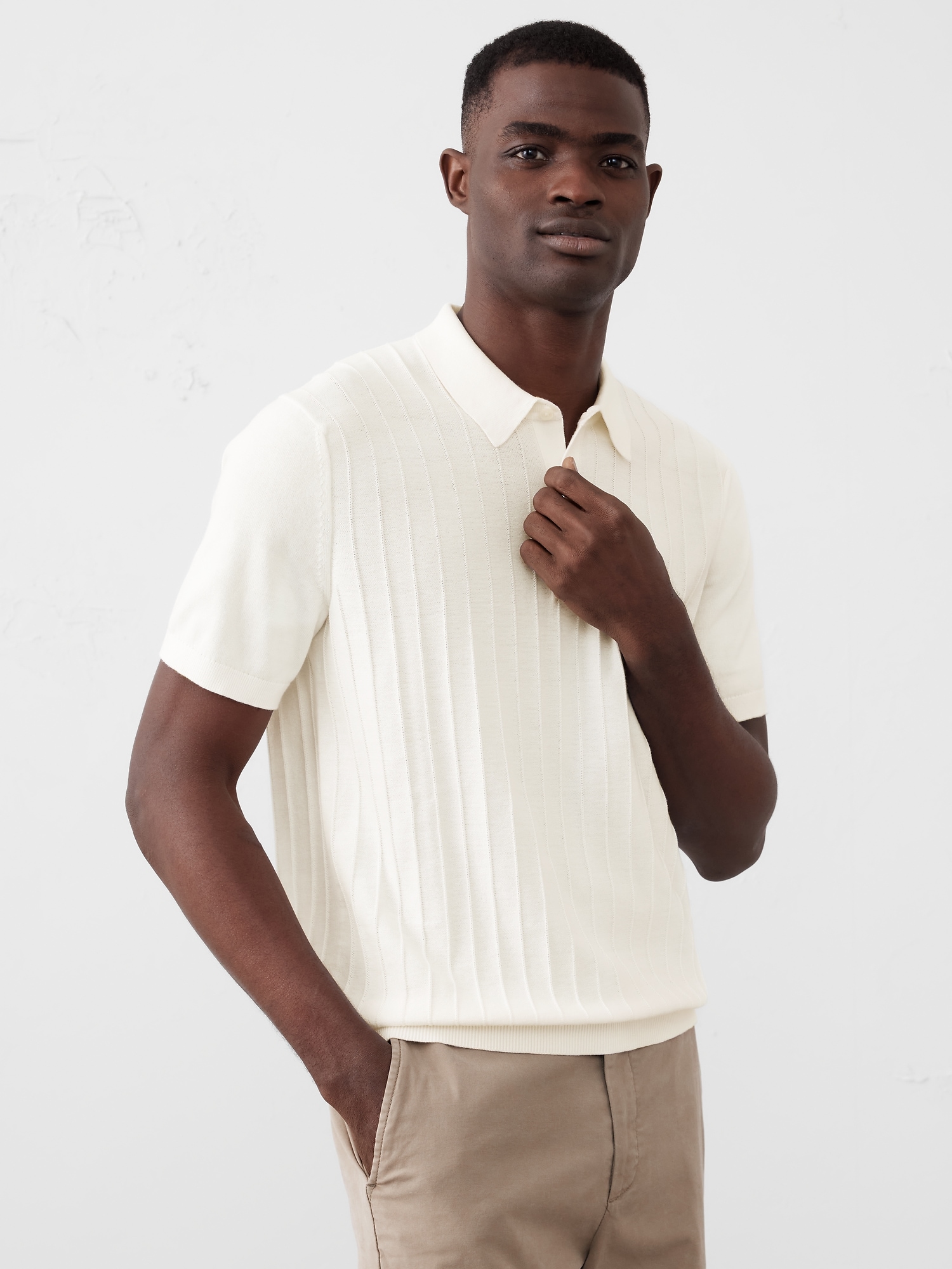 Wide Ribbed Polo Sweater - White