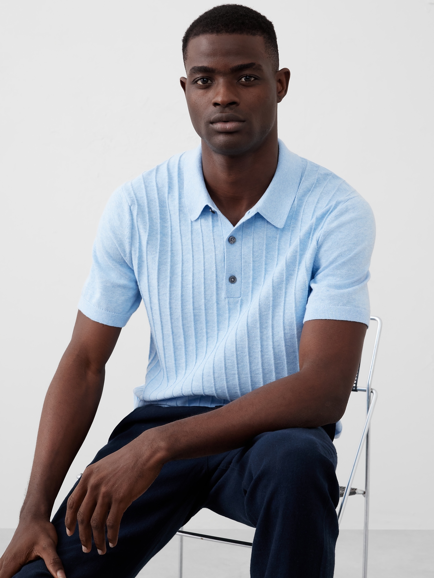 Wide Ribbed Polo Sweater - Blue