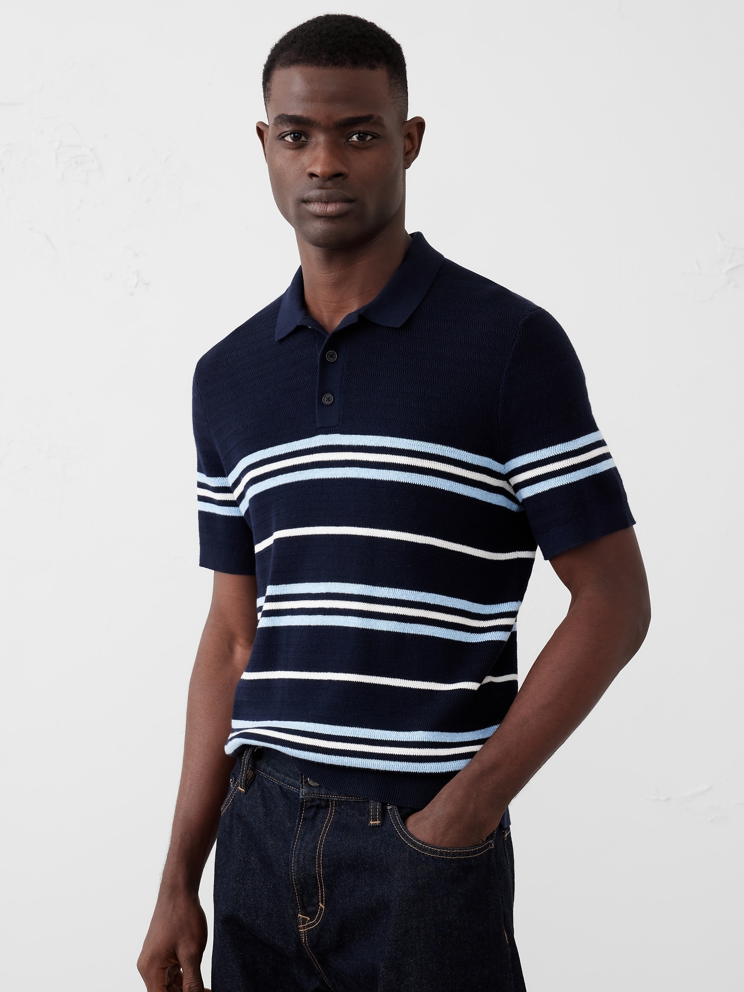 Textured Striped Sweater Polo - Blue