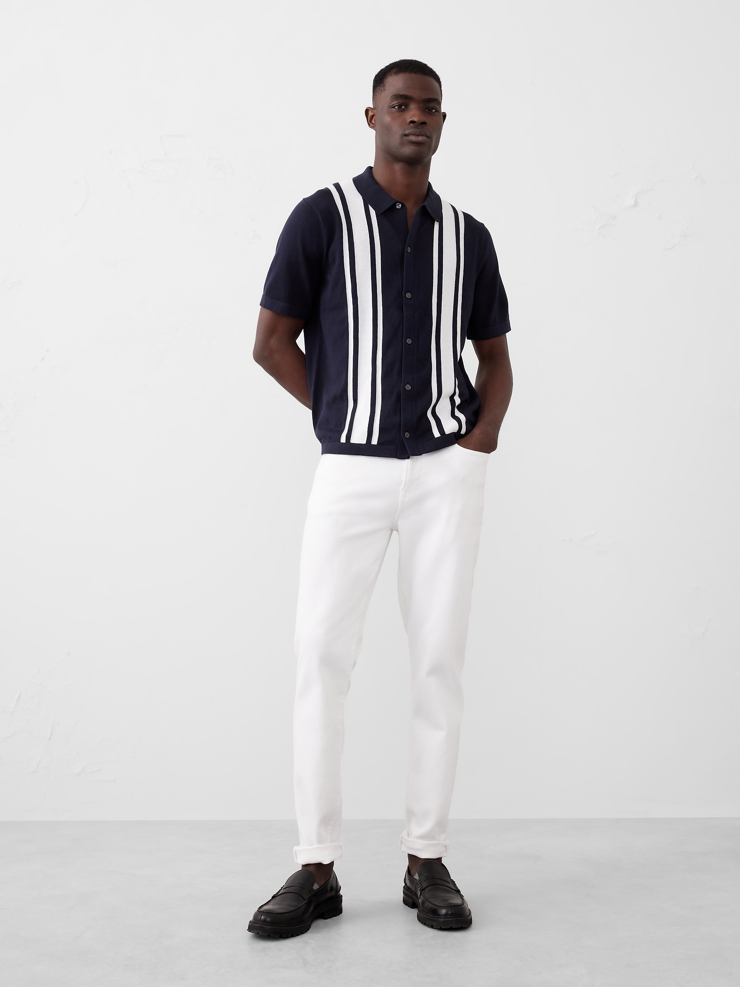 Button-Down Vertical Striped Polo