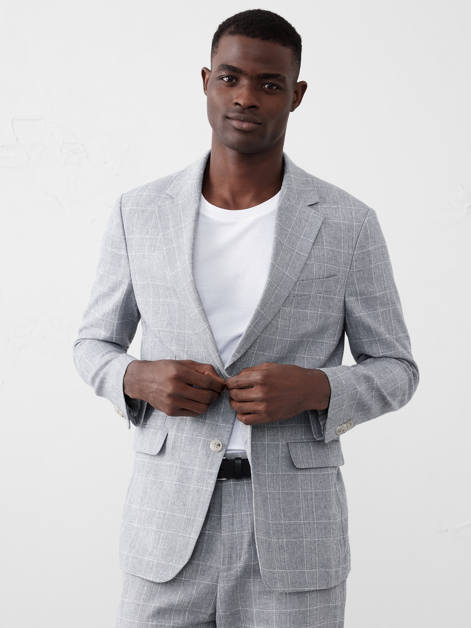 Tailored-Fit Linen-Blend Blue Glen Plaid Suit Jacket