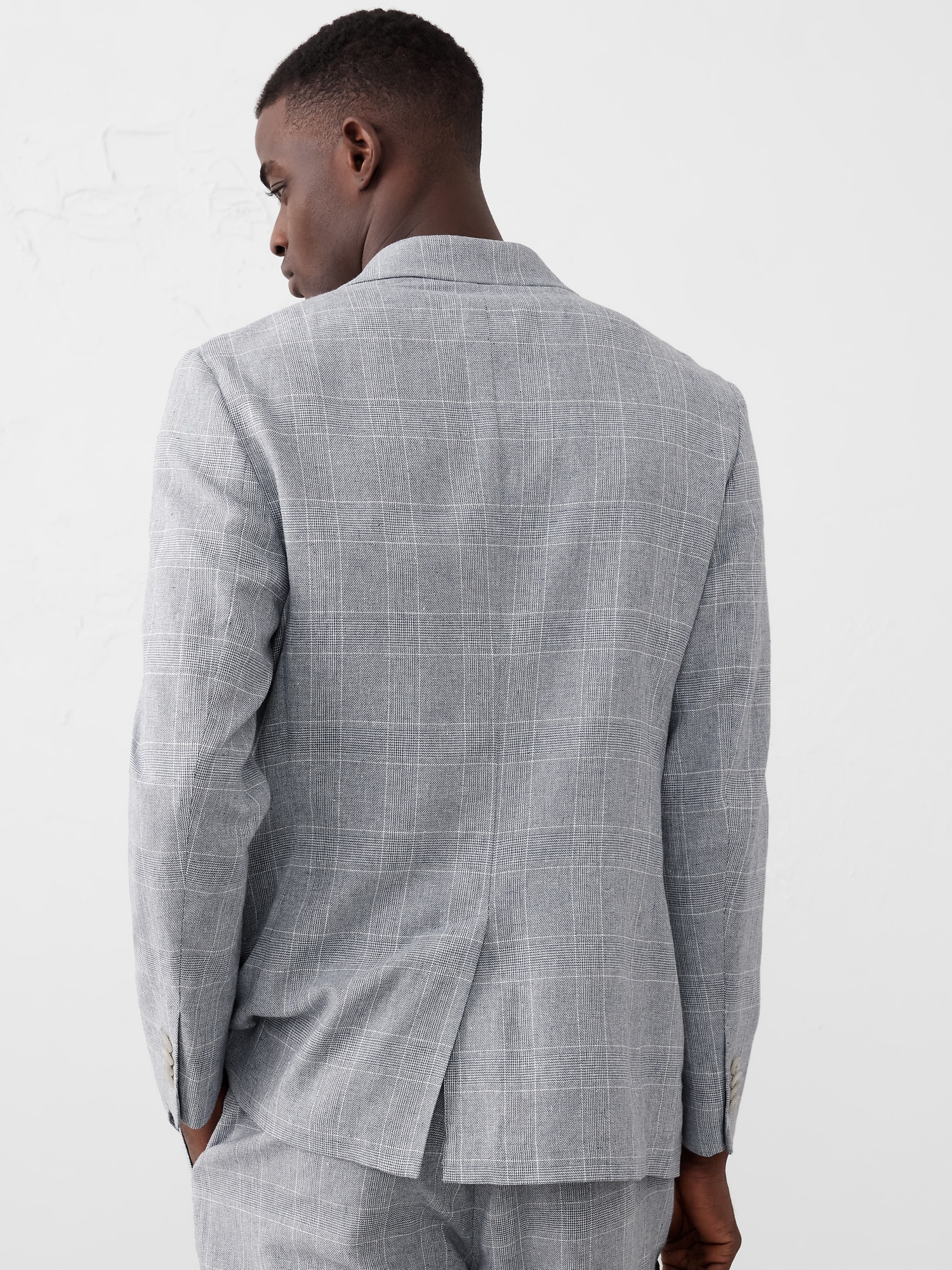 Tailored-Fit Linen-Blend Blue Glen Plaid Suit Jacket