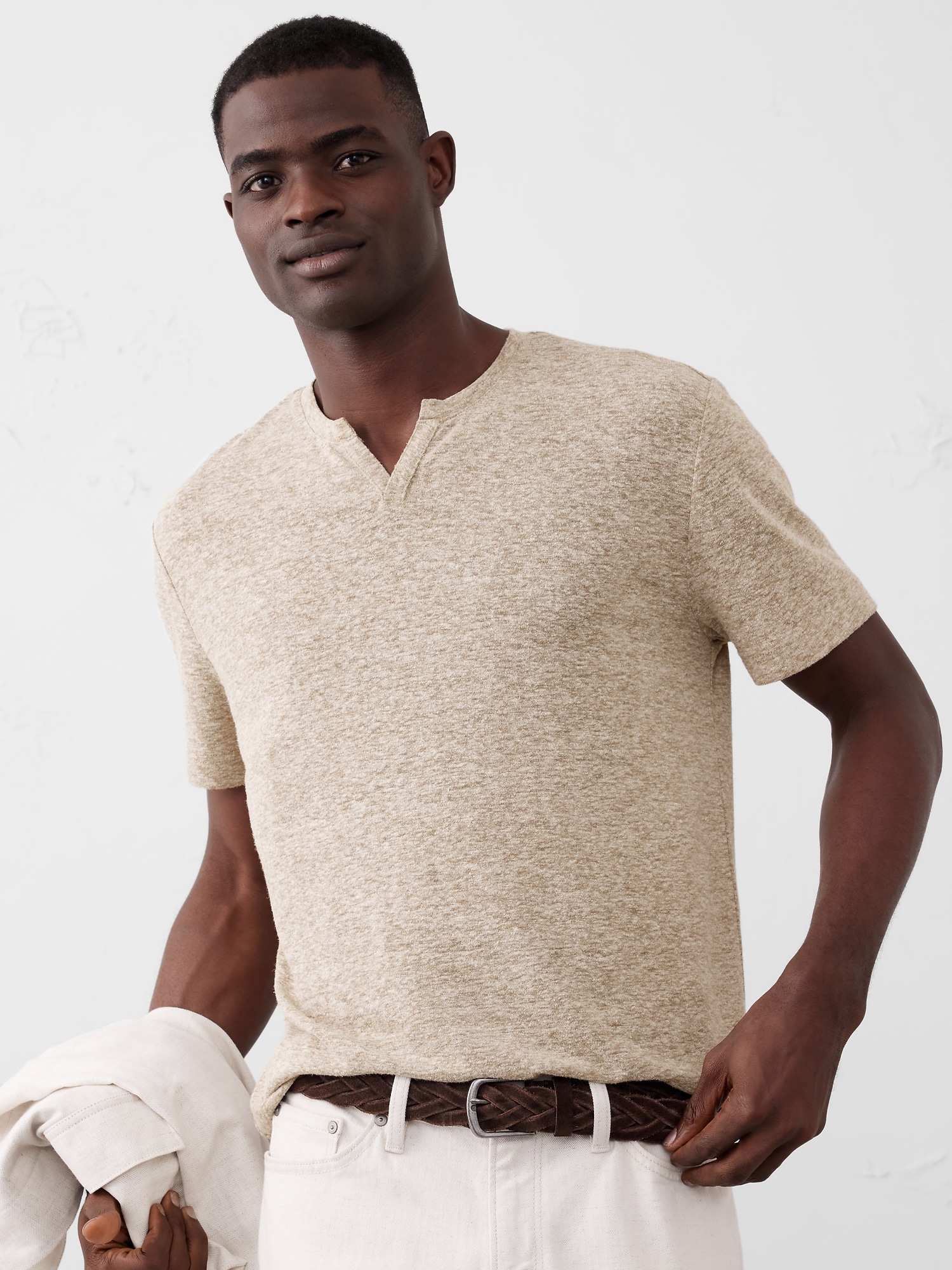 Linen-Blend Notch-Neck T-Shirt