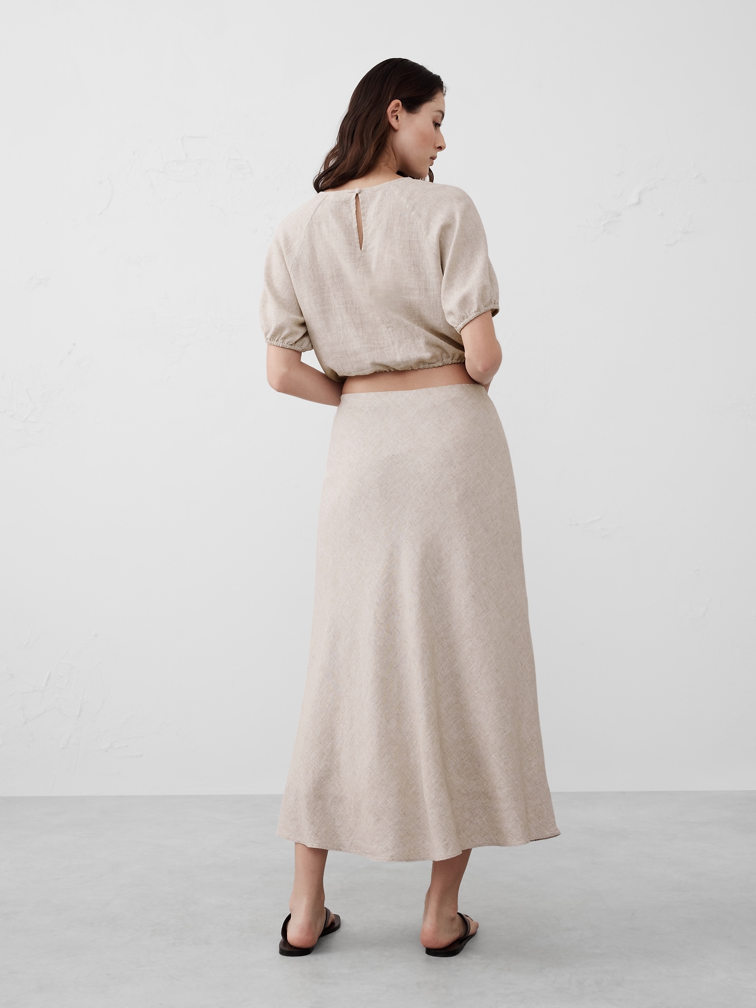 Linen-Blend Midi Slip Skirt