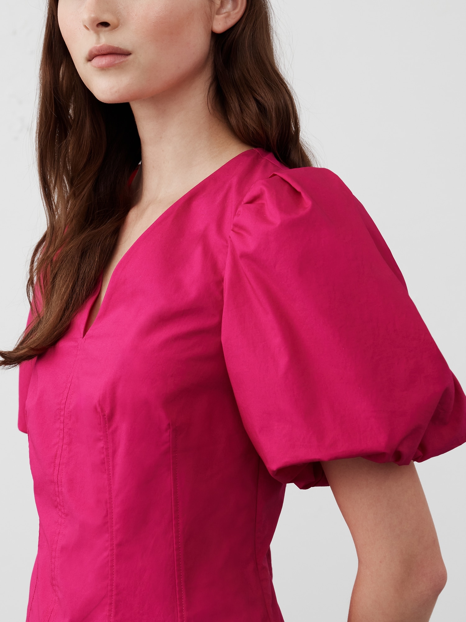 Bubble-Sleeve Seamed Poplin Top