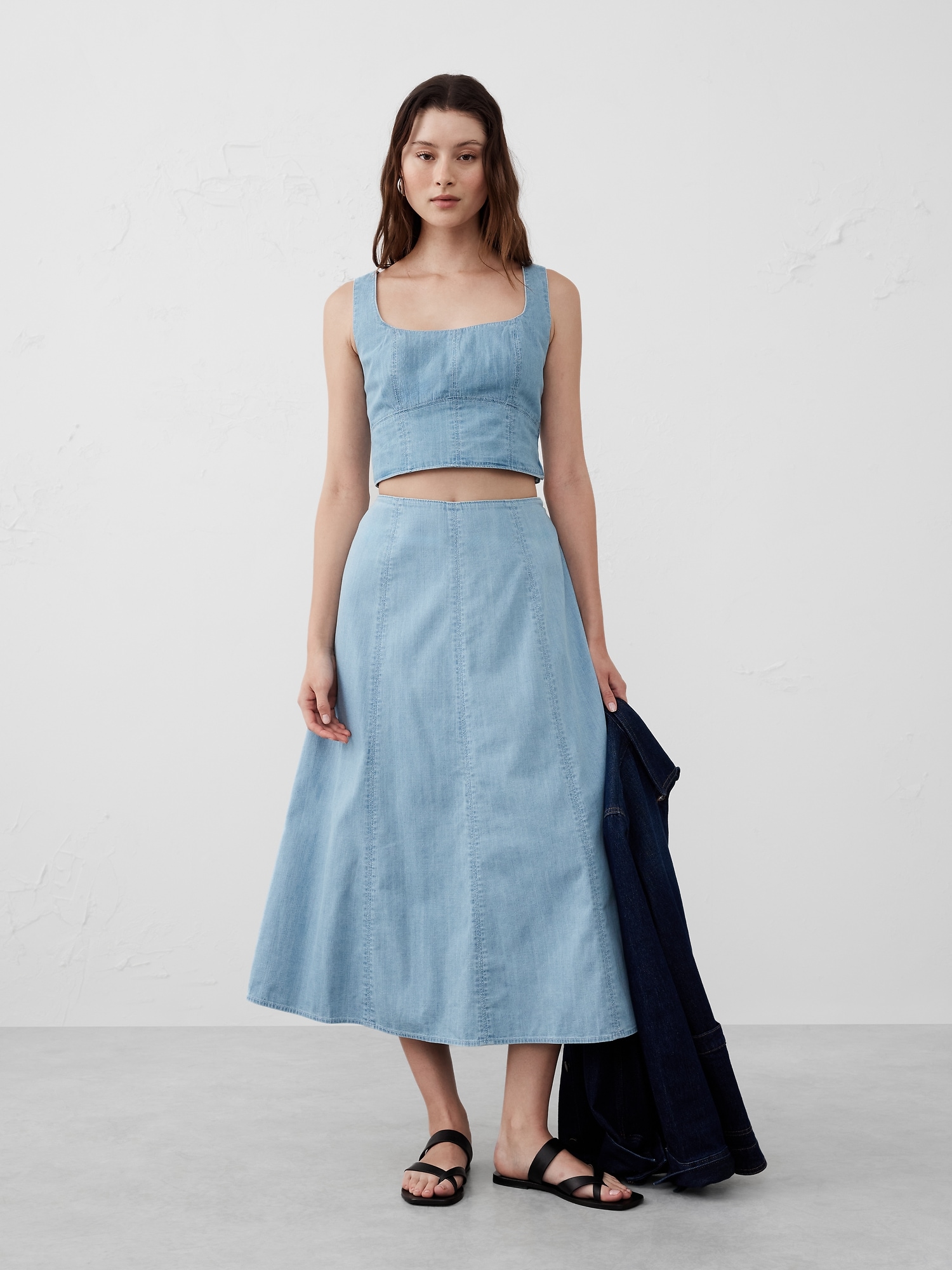 Seamed Denim Midi Skirt