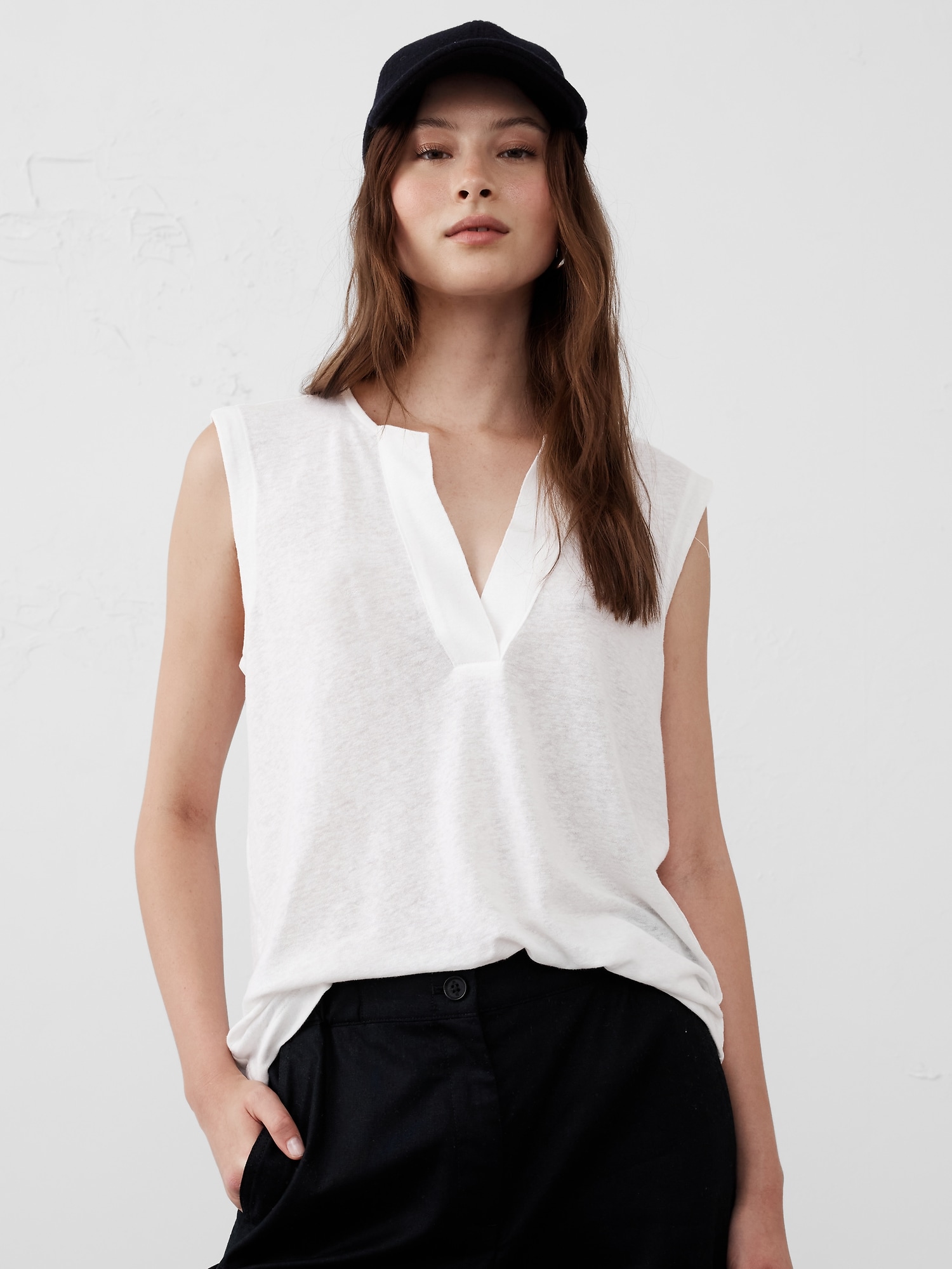 Linen-Blend Split-Neck Tank