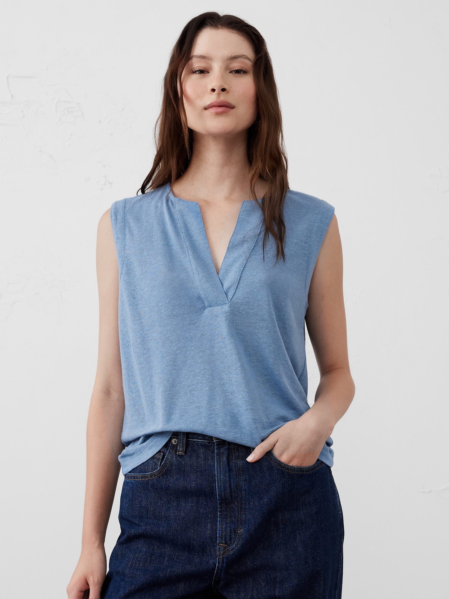 Linen-Blend Split-Neck Tank