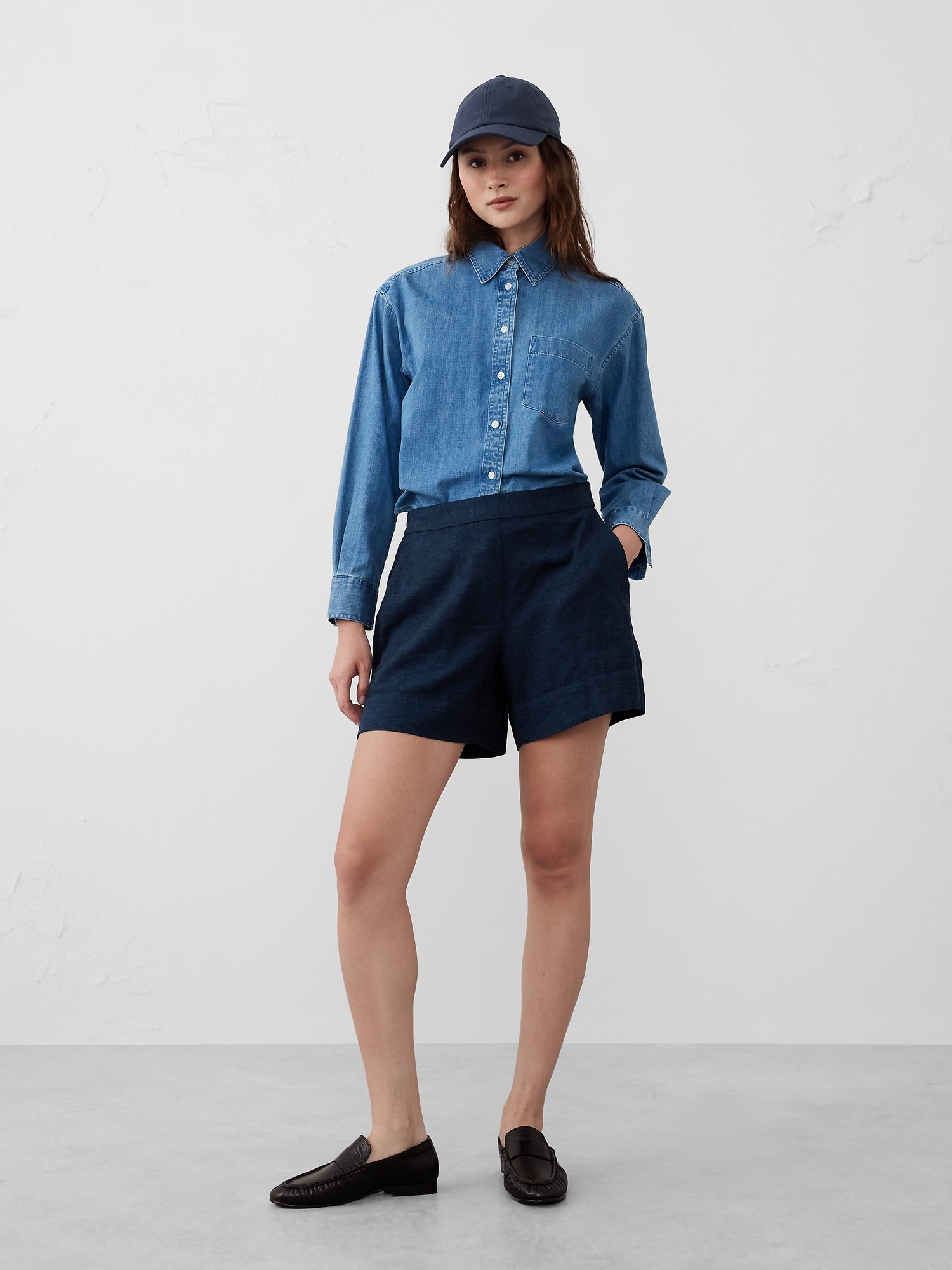 Linen-Blend Pull-On Short - Blue